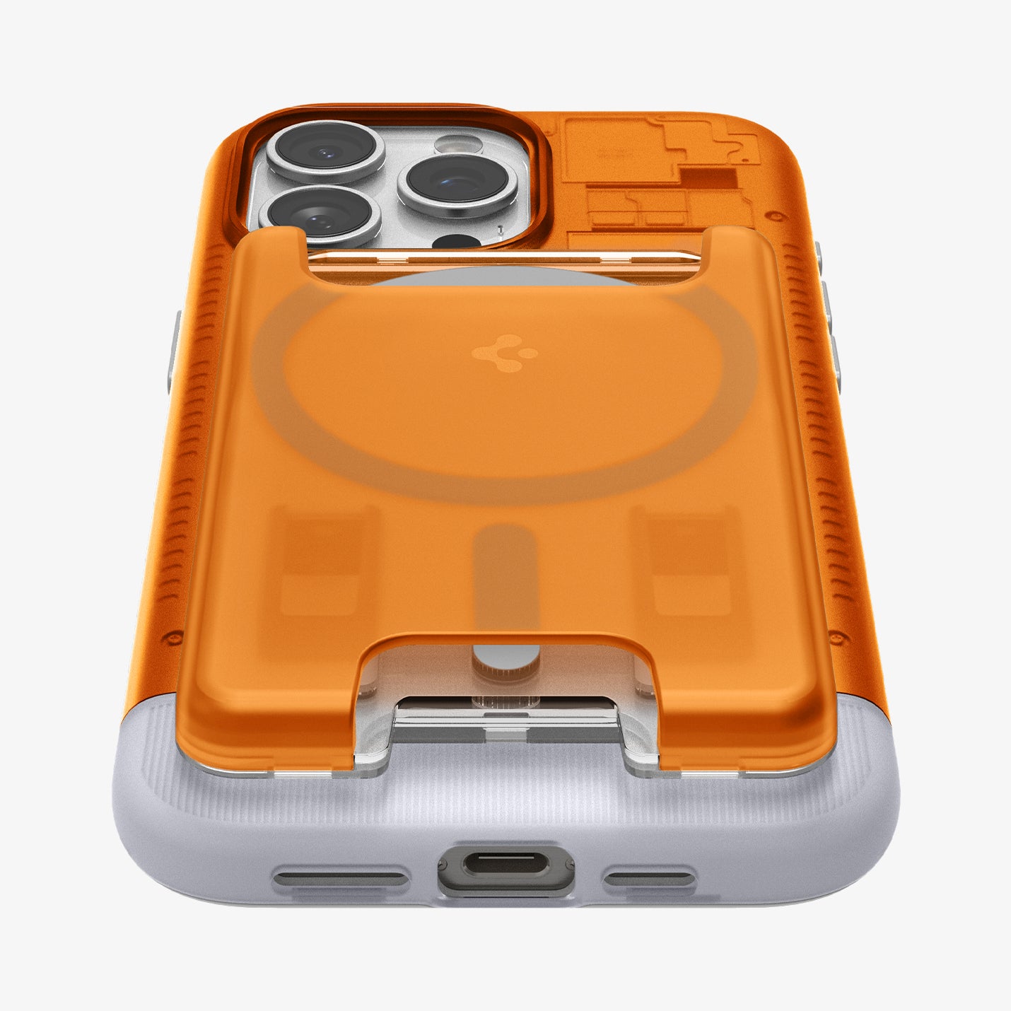 AFA08574 - MagSafe Card Holder Classic C1 (MagFit) in Tangerine showing the front and bottom attached to the back of the device bottom zoomed in