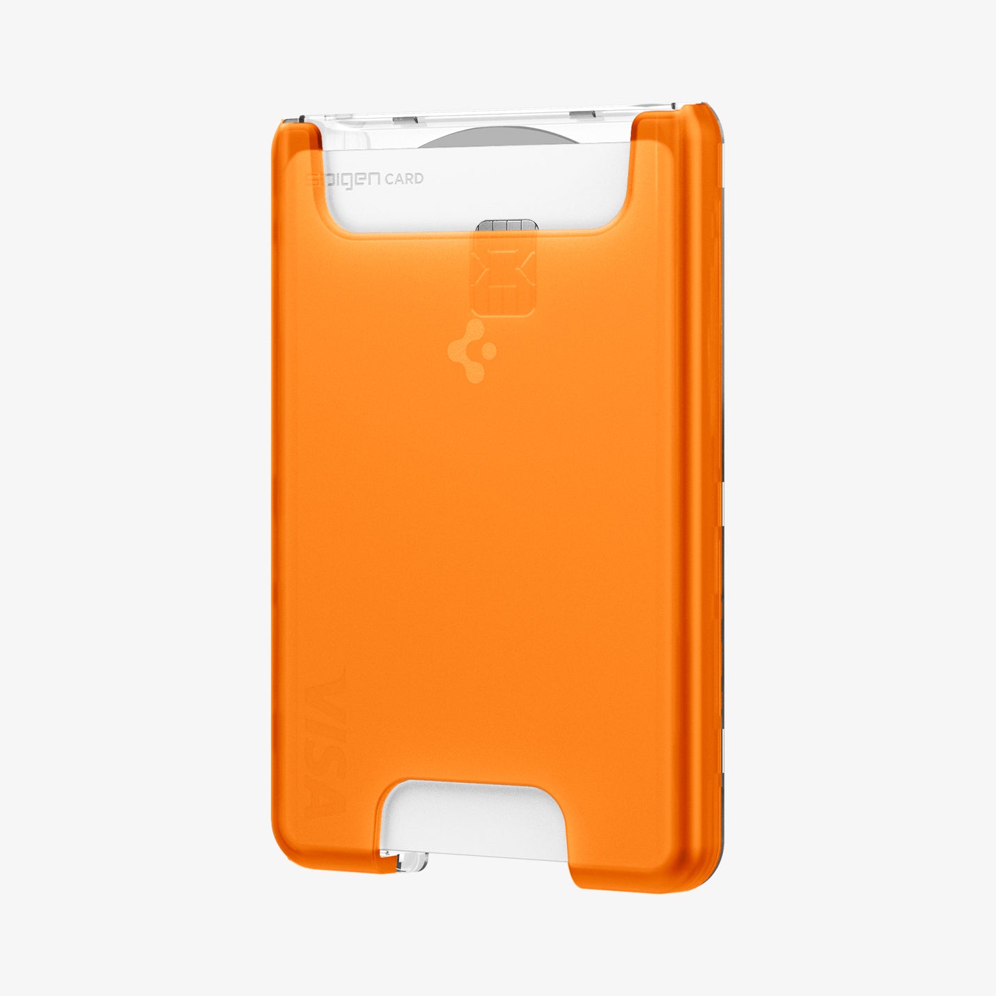 AFA08574 - MagSafe Card Holder Classic C1 (MagFit) in Tangerine showing the front, partial side with single card inserted