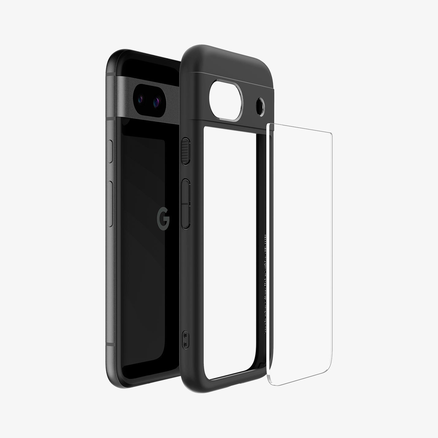 ACS07262 - Pixel 8a Case Ultra Hybrid in Matte Black showing the part of hard layer case, hovering in front of a clear tpu frame and a device aligned with each other