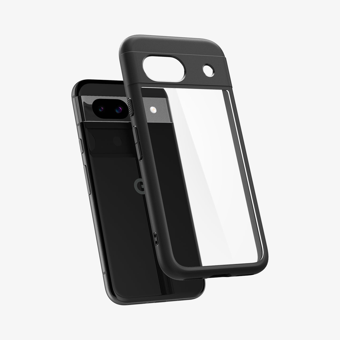 ACS07262 - Pixel 8a Case Ultra Hybrid in Matte Black showing the back of clear tpu case and a device