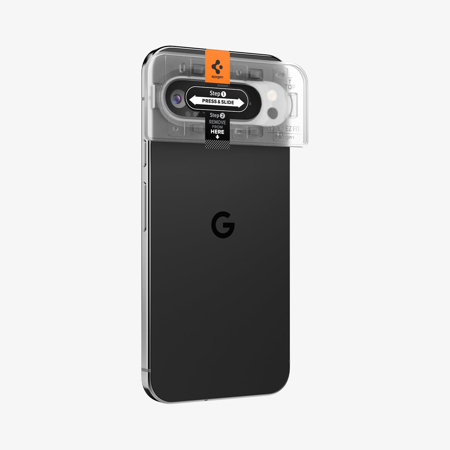 AGL08444 - Pixel 9 Case Optik EZ Fit Lens Protector in Crystal Clear showing the installation tray attached to the device