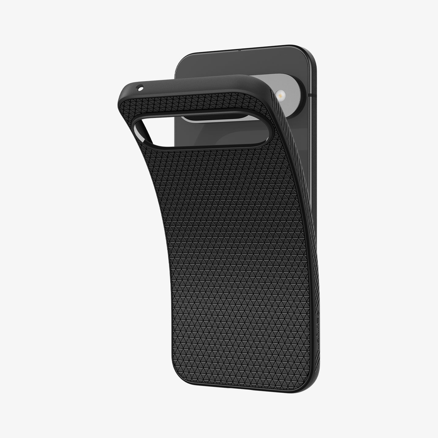 ACS07682 - Pixel 9 Pro Case Liquid Air in Matte Black showing the back partially lifted from the device