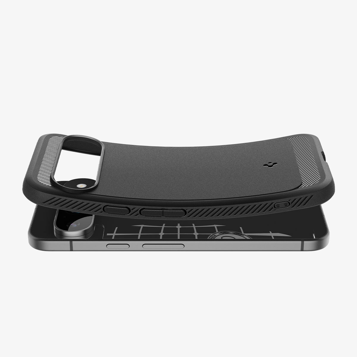 ACS07685 - Pixel 9 Pro Case Rugged Armor in Matte Black showing the back, partial sides partially folded hovering above the device