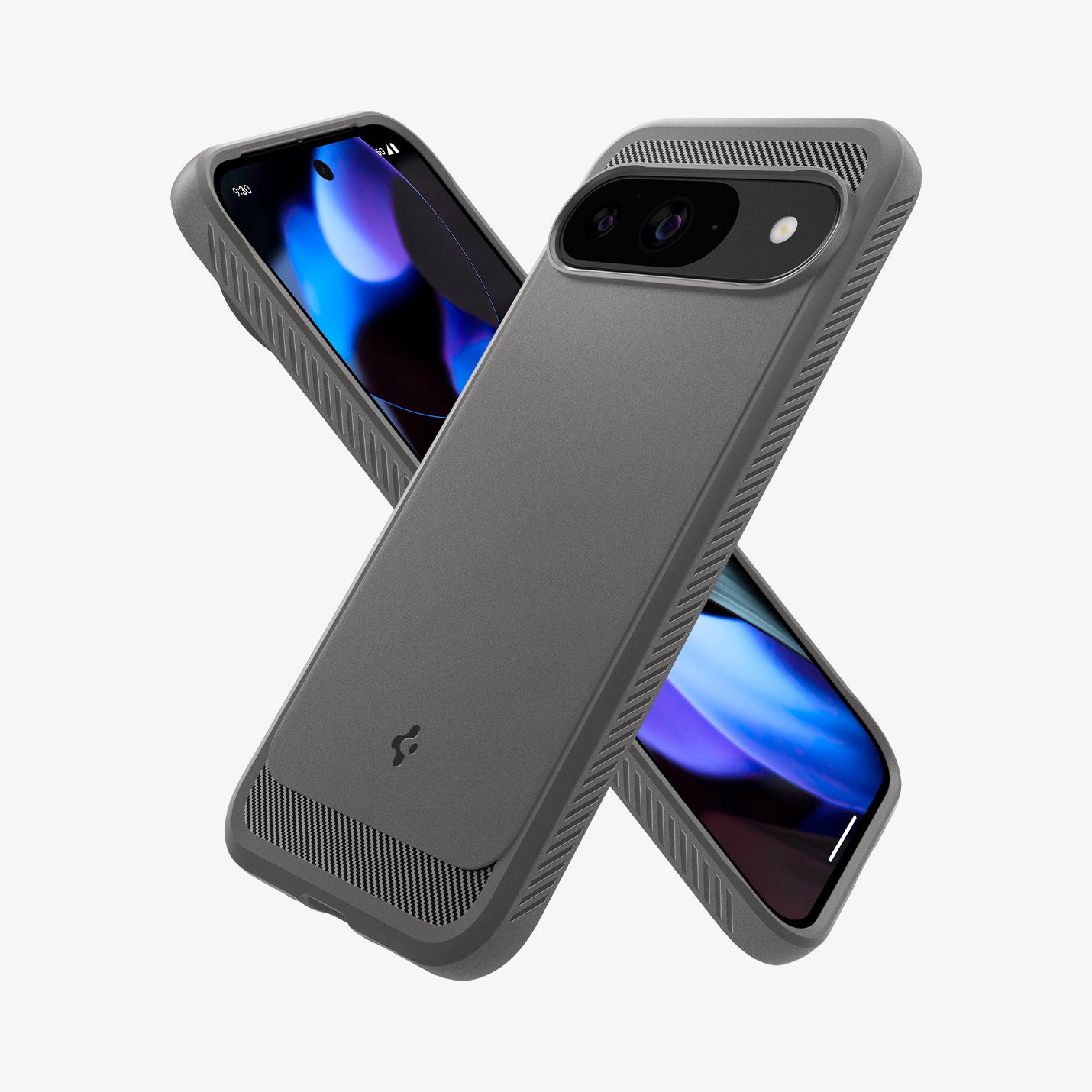 ACS07783 - Pixel 9 Pro Case Rugged Armor in Marble Gray showing the back partial side and behind it, partial front and side