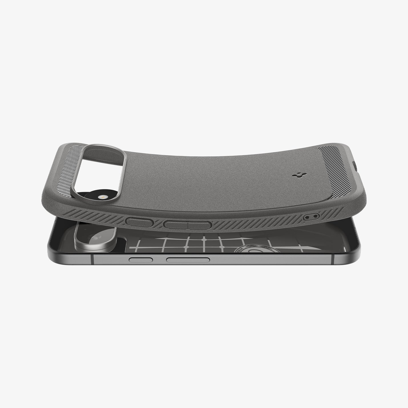 ACS07783 - Pixel 9 Pro Case Rugged Armor in Marble Gray showing the back, partial sides partially folded hovering above the device