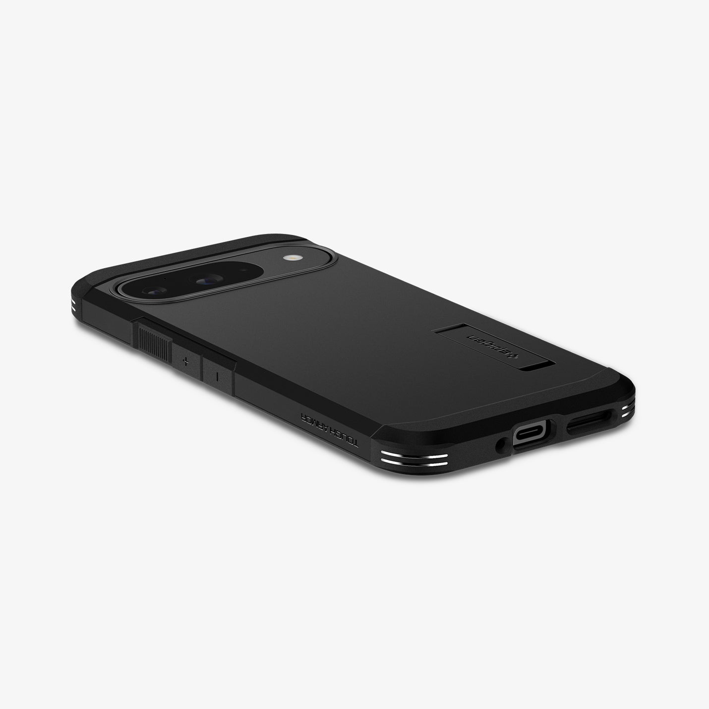 ACS07692 - Pixel 9 Pro Case Tough Armor in Black showing the back, partial side and bottom on a flat surface