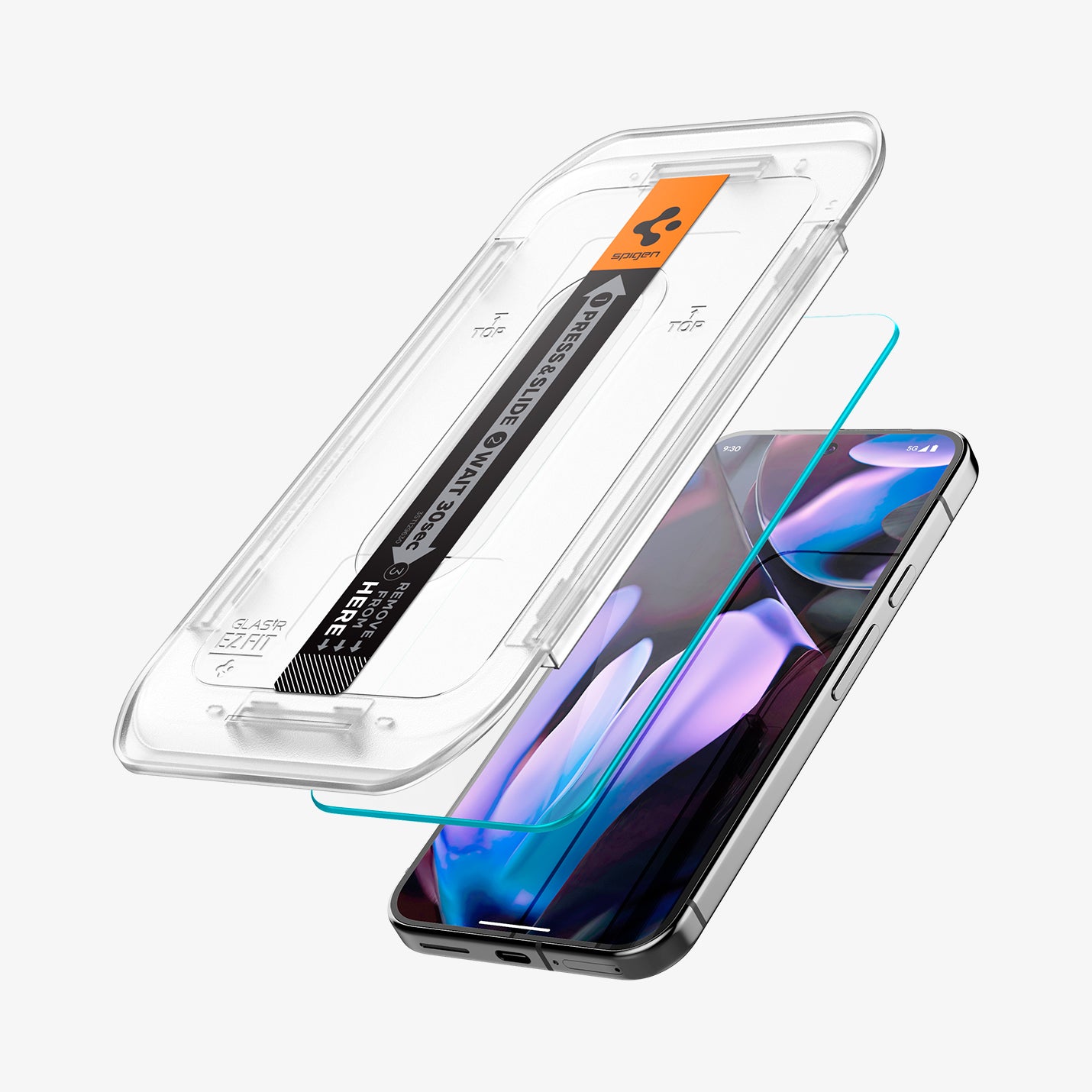 AGL08445 - Pixel 9 Pro XL GLAS.tR EZ Fit in Clear showing the top of the installation tray hovering in front of the screen protector and the device