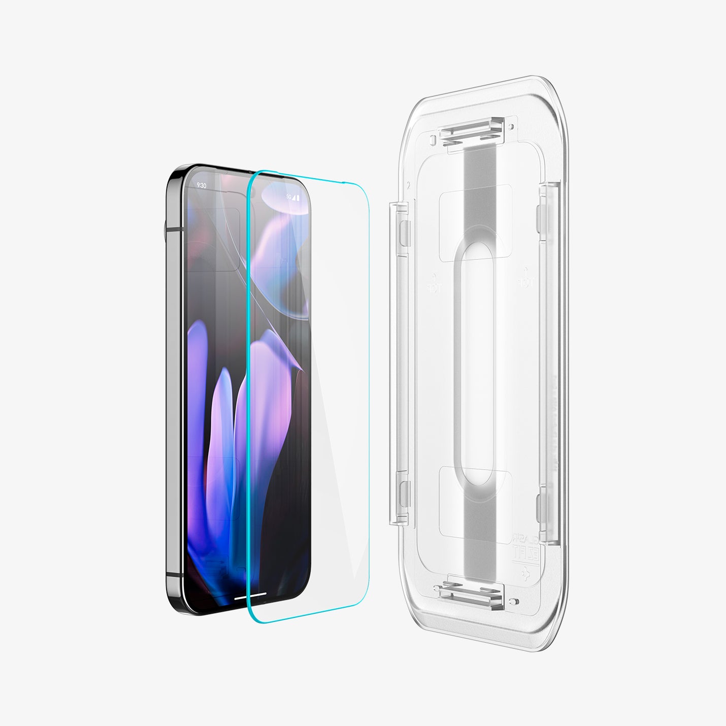 AGL08445 - Pixel 9 Pro XL GLAS.tR EZ Fit in Clear showing the inner of the installation tray facing the screen protector and the device