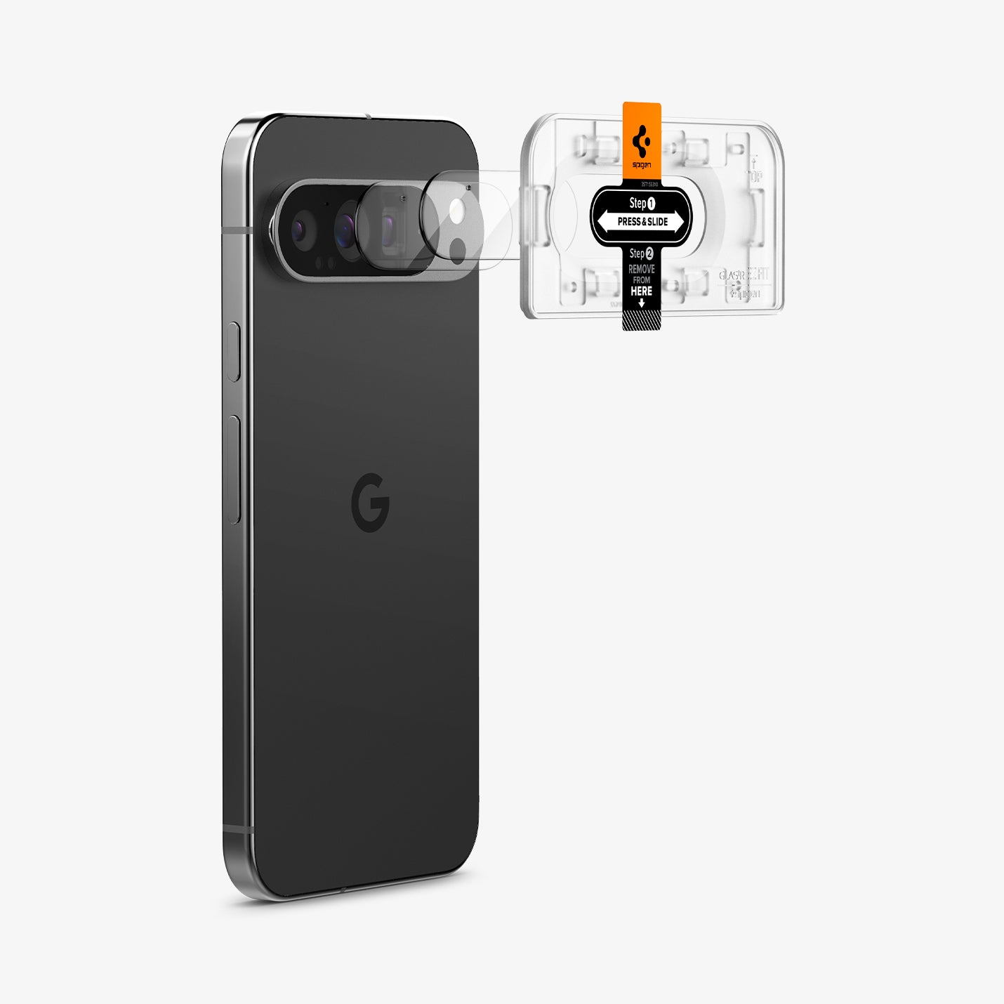 AGL08446 - Pixel 9 Pro XL Case Optik EZ Fit Lens Protector in Crystal Clear showing the installation tray hovering in front of the lens protector and the device