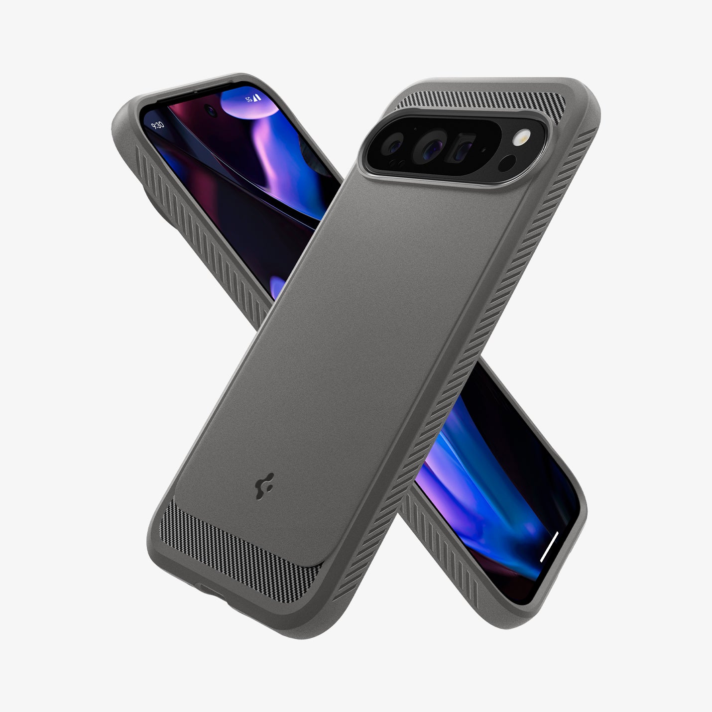 ACS07784 - Pixel 9 Pro XL Case Rugged Armor in Marble Gray showing the back partial side and behind it, partial front and side