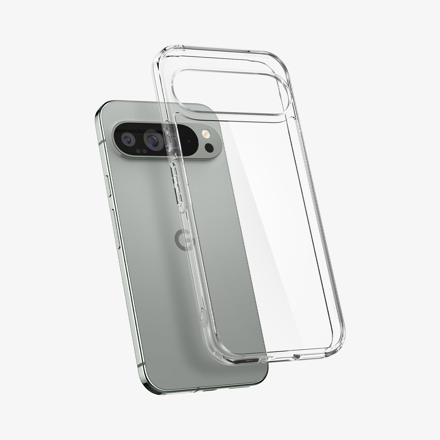 ACS08934 - Pixel 9 Pro XL Case Ultra Hybrid in Crystal Clear showing the back, partial side hovering in front of the device