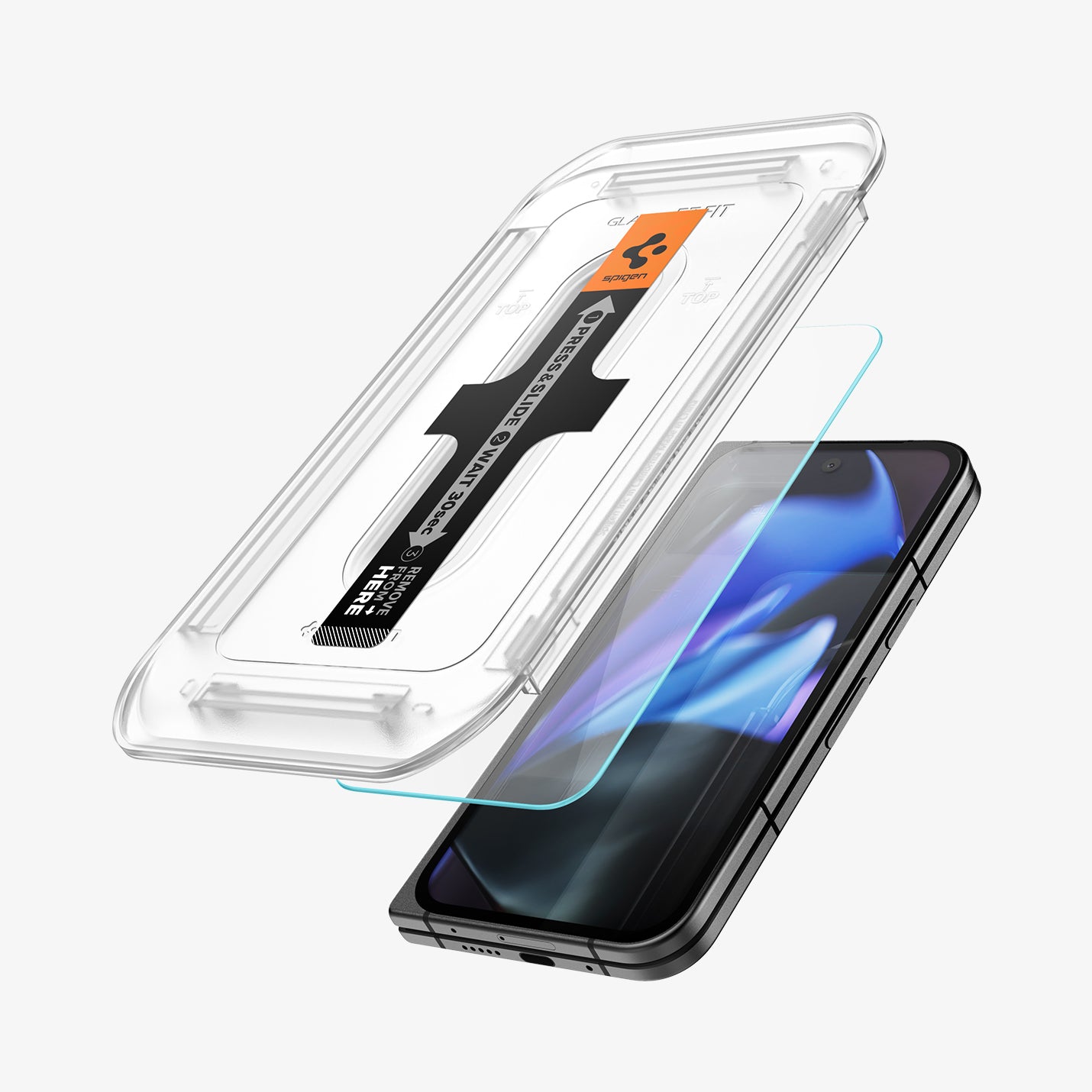 AGL07873 - Pixel 9 Pro Fold GLAS.tR EZ Fit in Clear showing the top of the installation tray hovering in front of the screen protector and the device