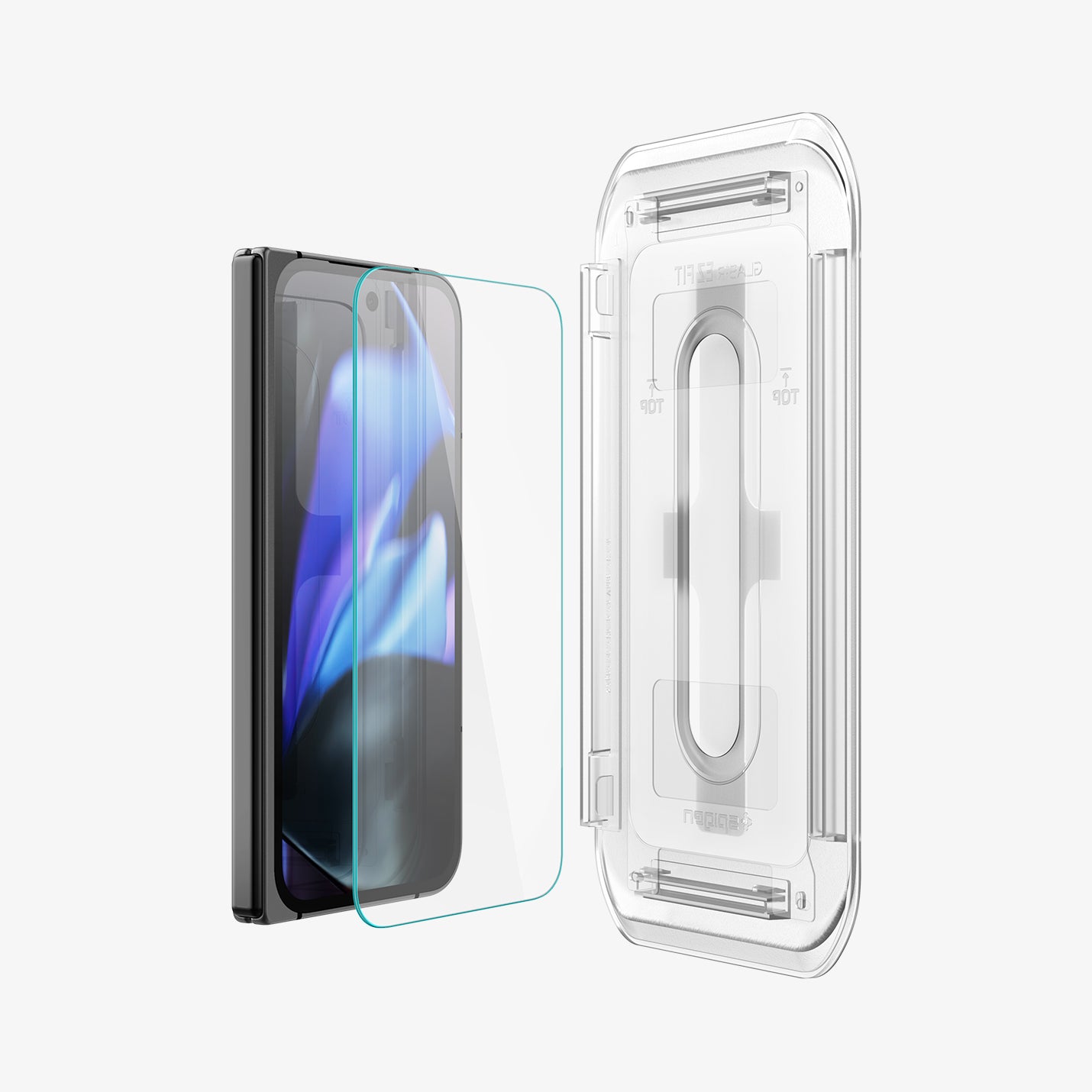 AGL07873 - Pixel 9 Pro Fold GLAS.tR EZ Fit in Clear showing the inner of the installation tray facing the screen protector and the device