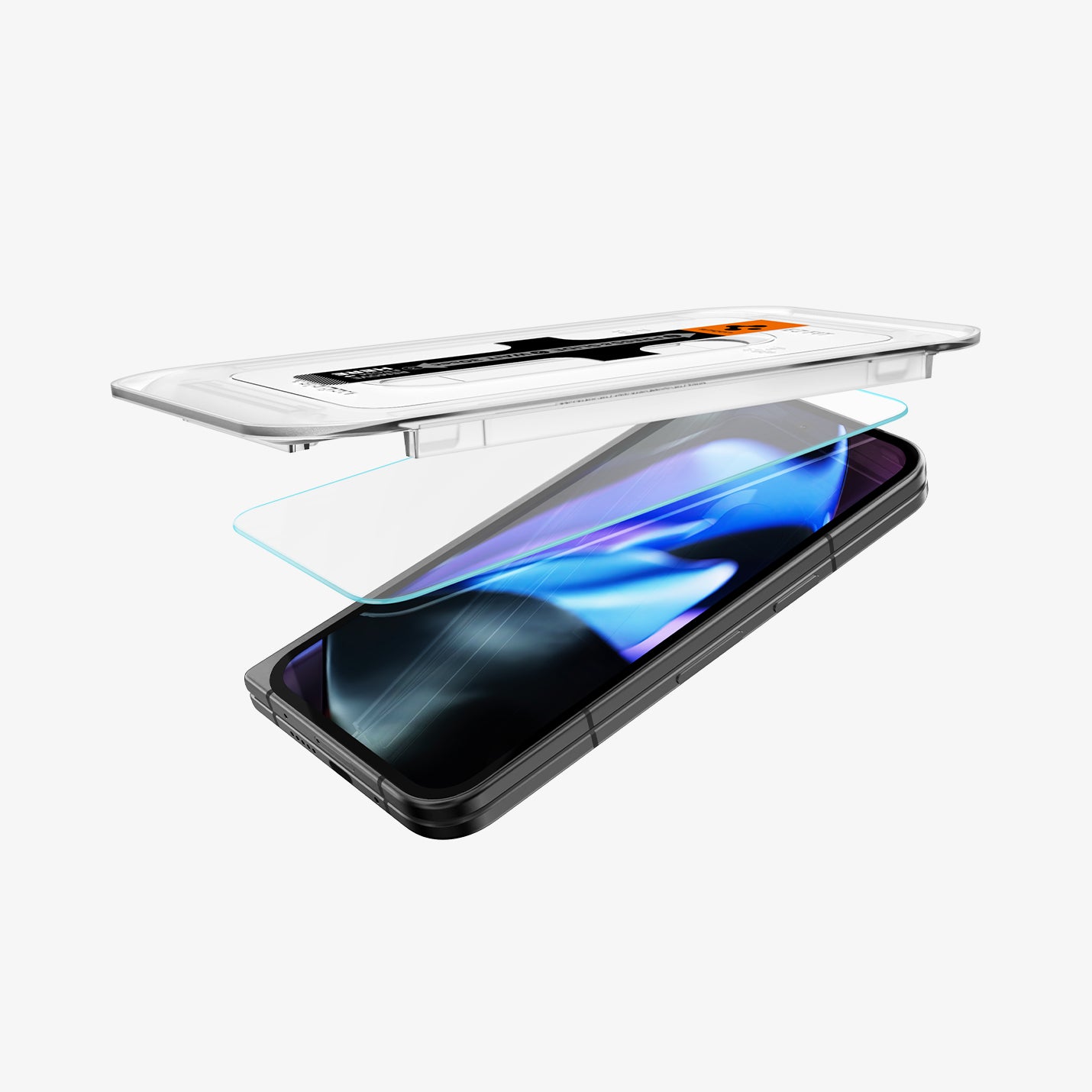 AGL07873 - Pixel 9 Pro Fold GLAS.tR EZ Fit in Clear showing the installation tray partially hovering above the screen protector and the device