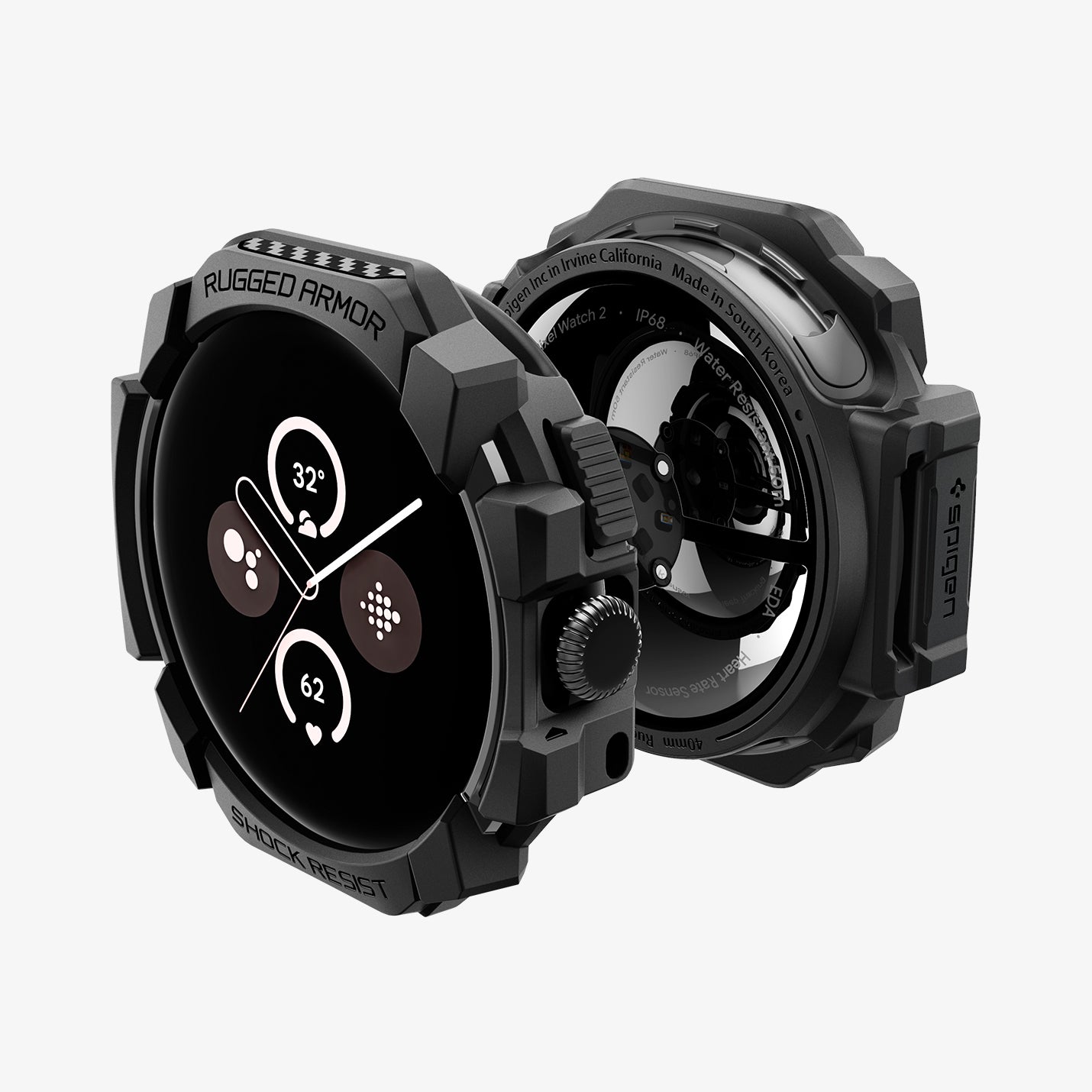 ACS07555 - Pixel Watch 3 (41mm) Rugged Armor in Matte Black showing the front and back of the pixel watch