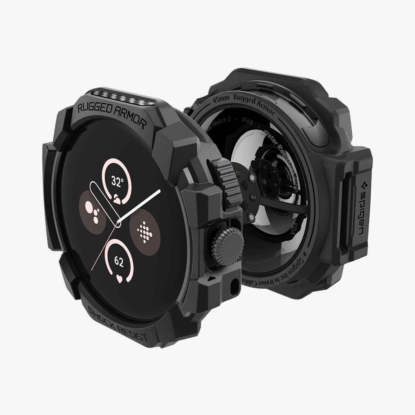 ACS07597 - Pixel Watch 3 (45mm) Rugged Armor in Matte Black showing the front and back of the pixel watch 