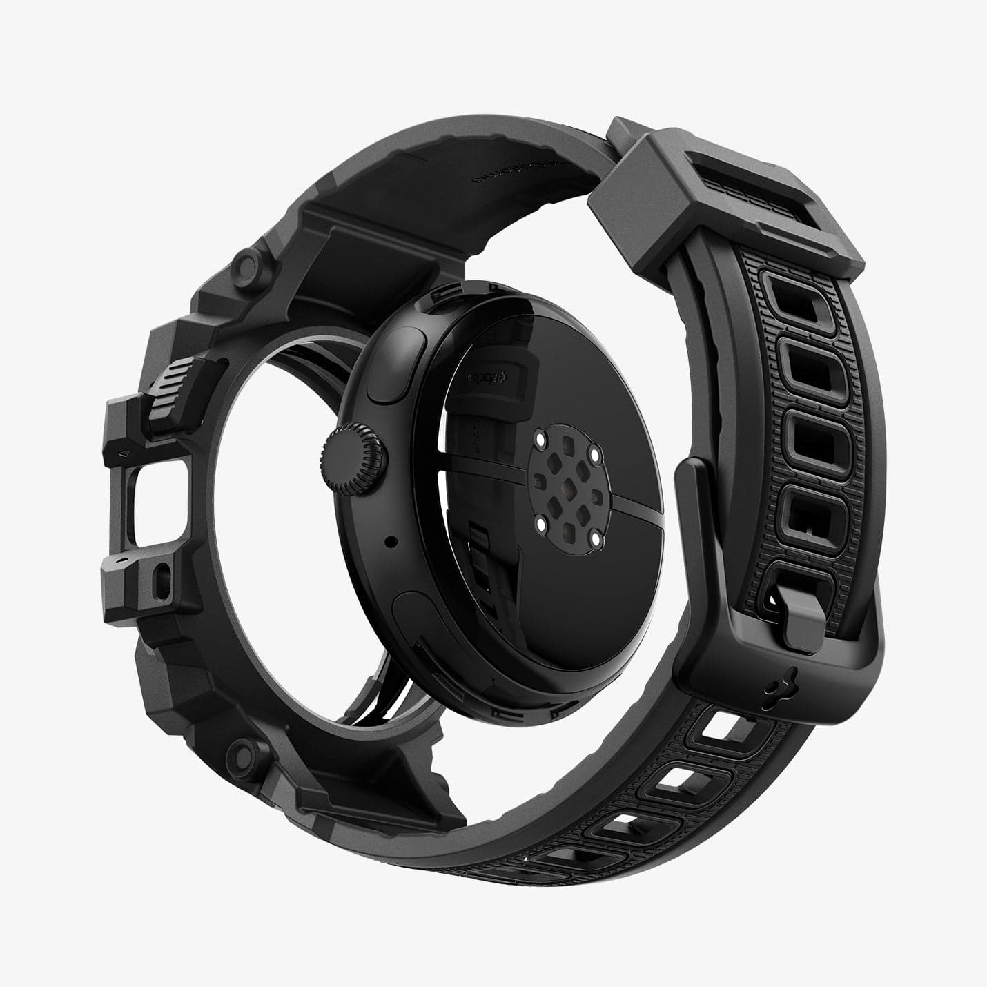 ACS07599 - Pixel Watch 3 (45mm) Case Rugged Armor Pro in Black showing the back with watch face hovering away from band