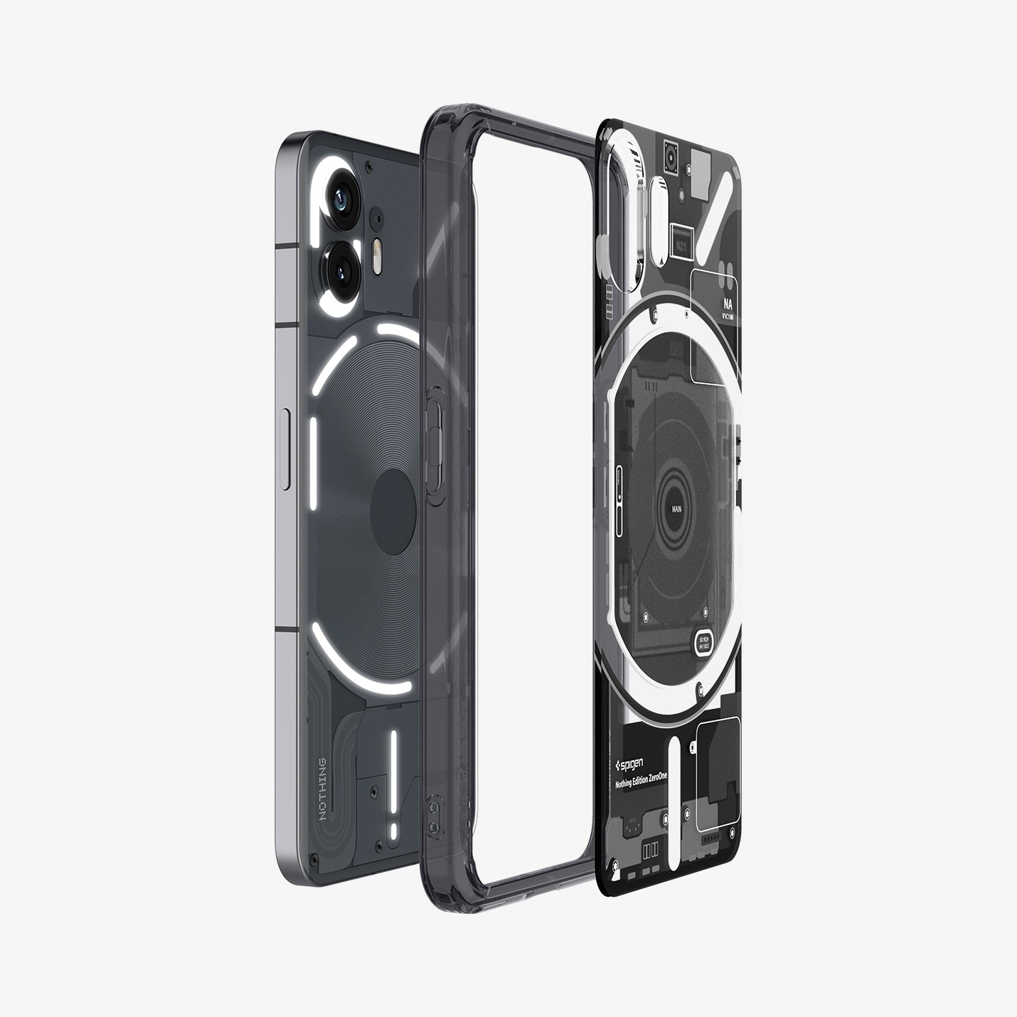 ACS06996 - Nothing Phone Series Case Ultra Hybrid Zero One showing the multiple layers of case hovering behind the device