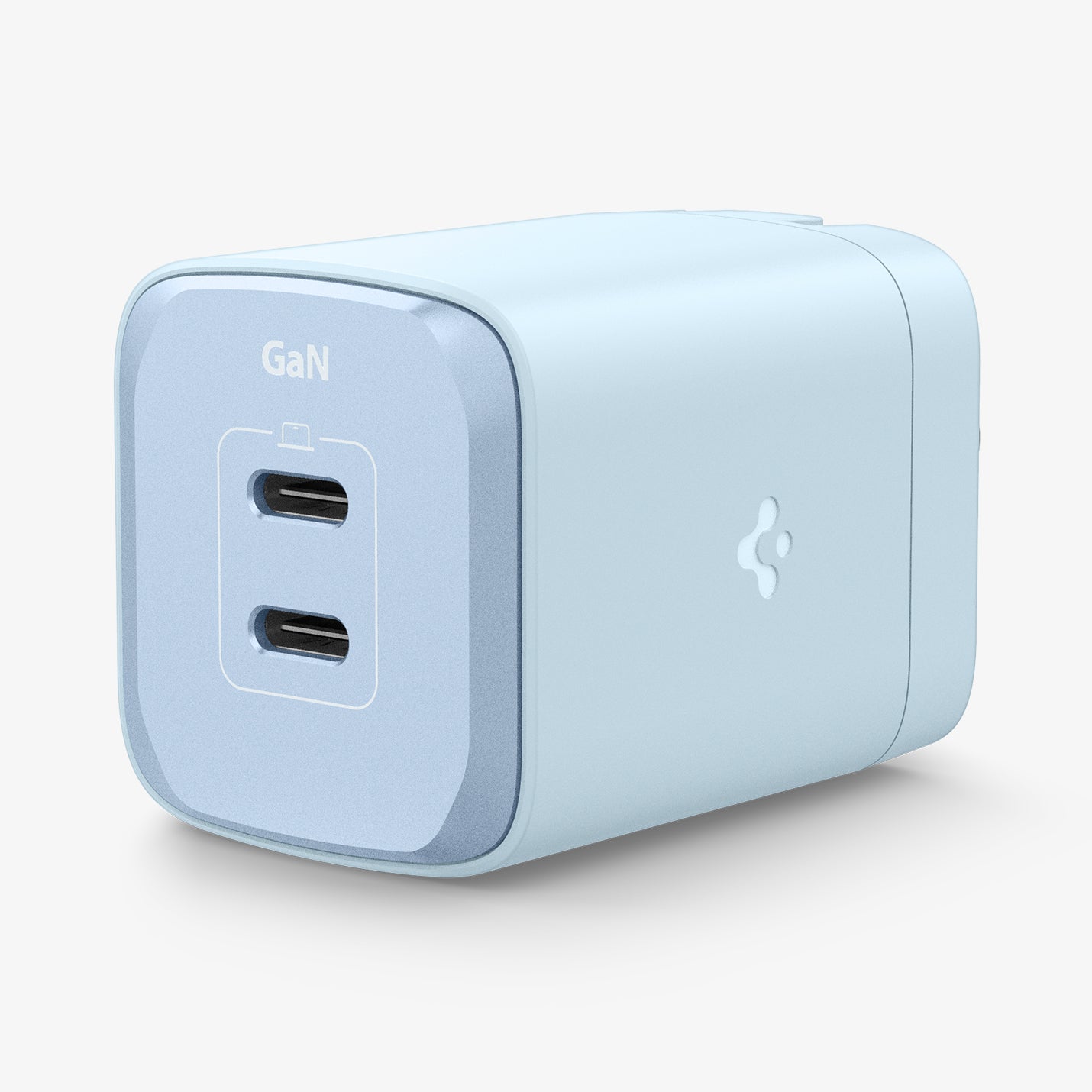 ACH05162 - ArcStation™ Pro GaN 652 Dual USB-C Wall Charger PE2204 in Sierra Blue showing the top, two sides, one with the spigen logo and the other showing only partial side on a flat surface