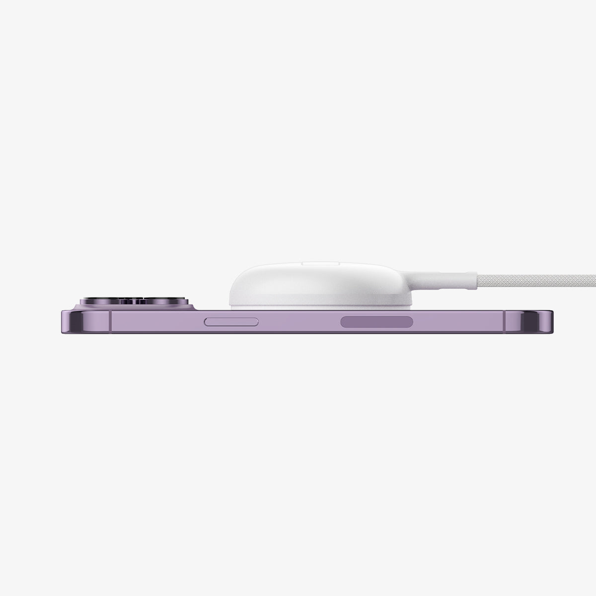 ACH05430 - ArcField™ Magnetic 15W Wireless Charger PF2200 (MagFit) in White showing the side of a device and a MagSafe charger attached