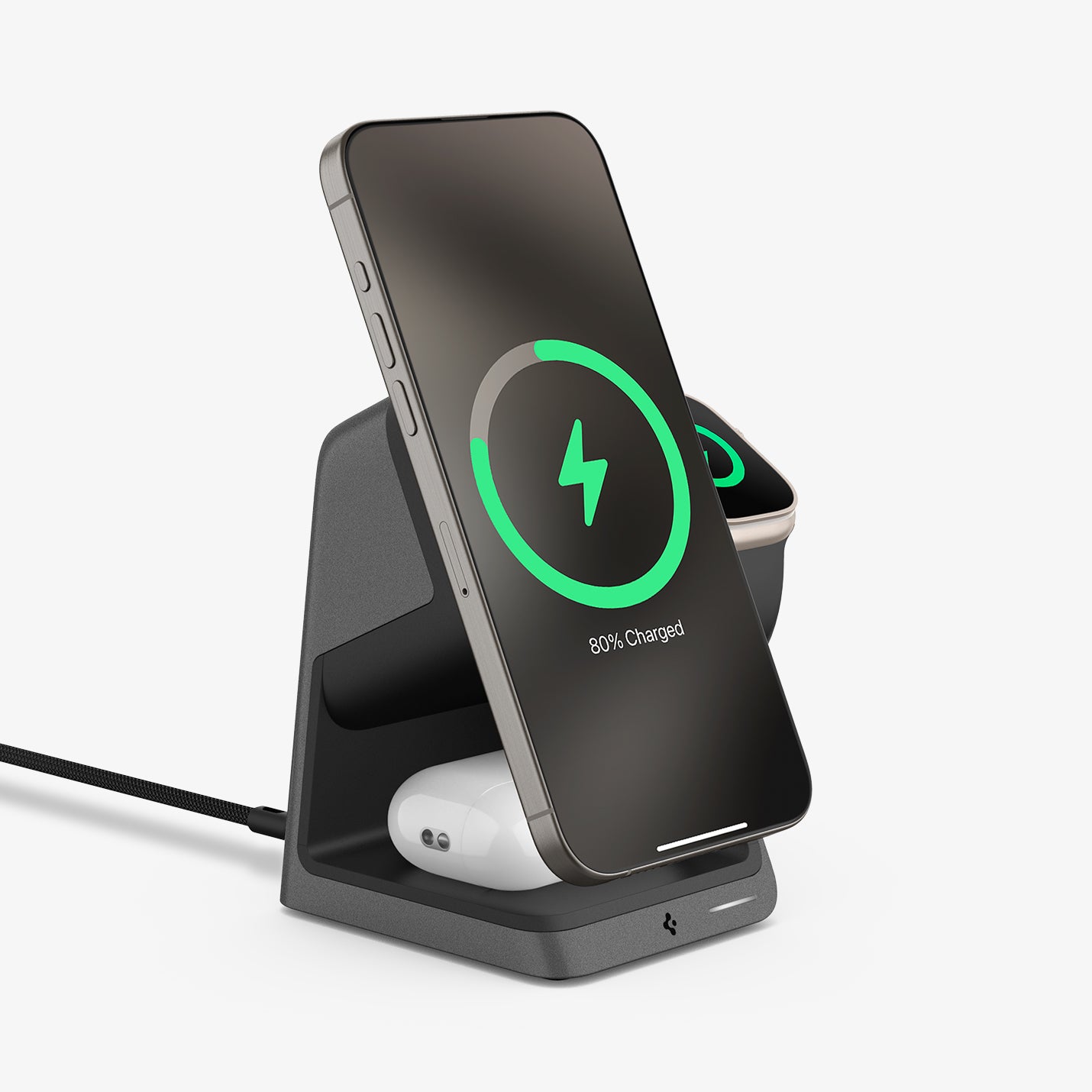 ACH05785 - ArcField™ 3-in-1 Wireless Charger PF2203US (MagFit) in Black showing the front, side and partial bottom