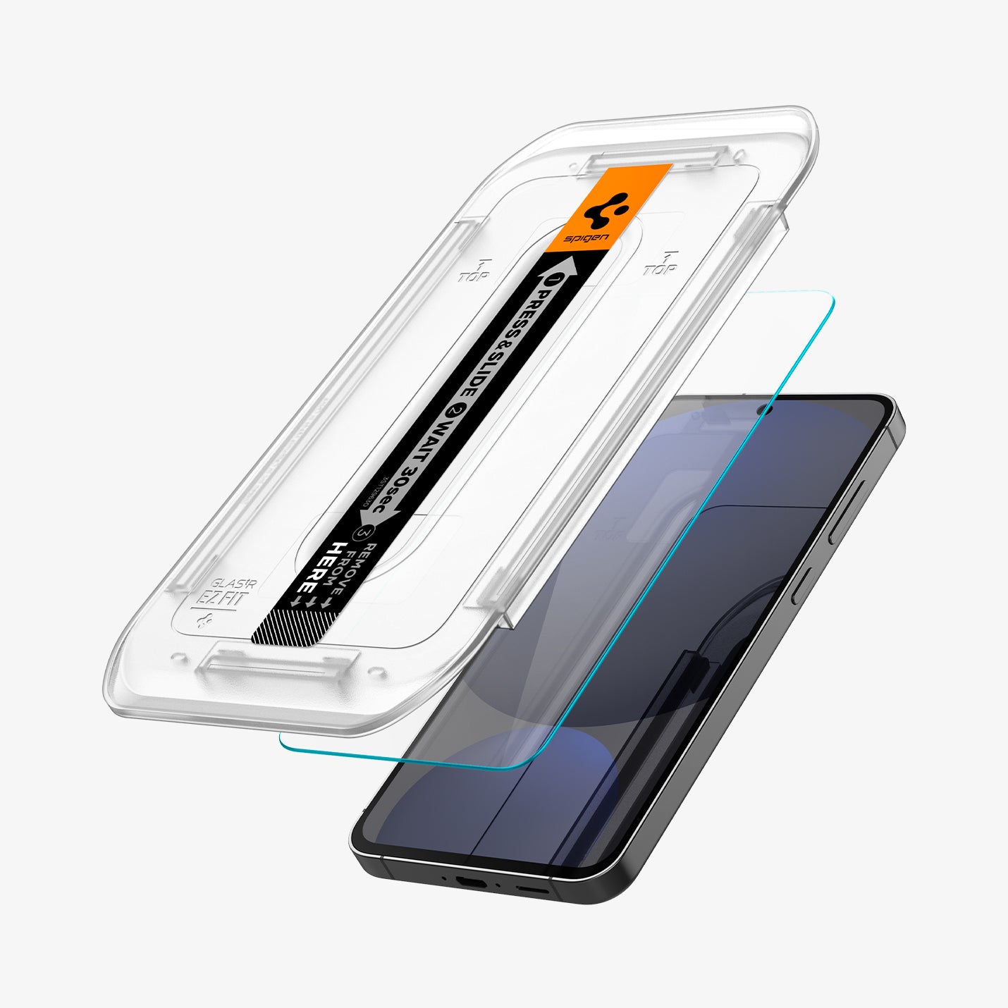 AGL08729 - Galaxy S24 FE GLAS.tR EZ Fit in Clear showing the alignment tray hovering above the glass screen protector and a device