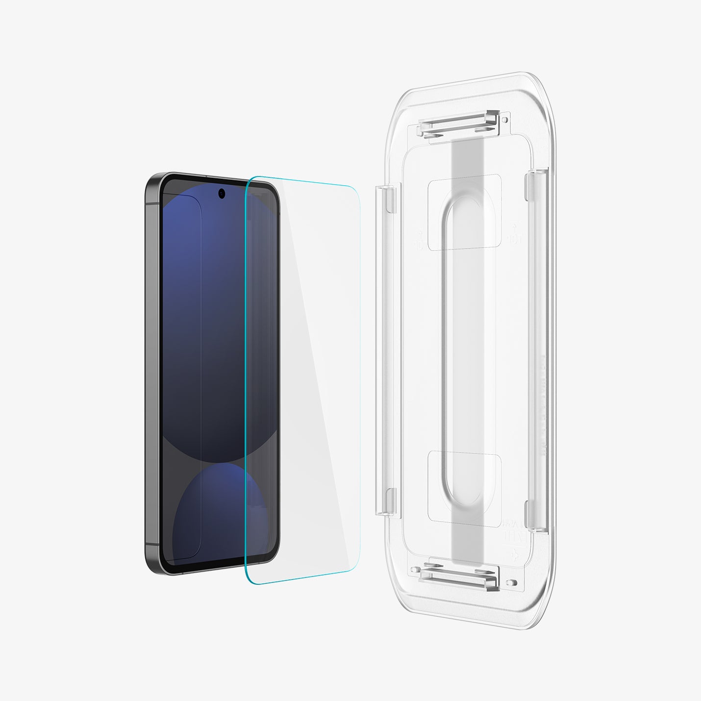 AGL08729 - Galaxy S24 FE GLAS.tR EZ Fit in Clear showing the alignment tray facing the screen glass protector paralleled with the device