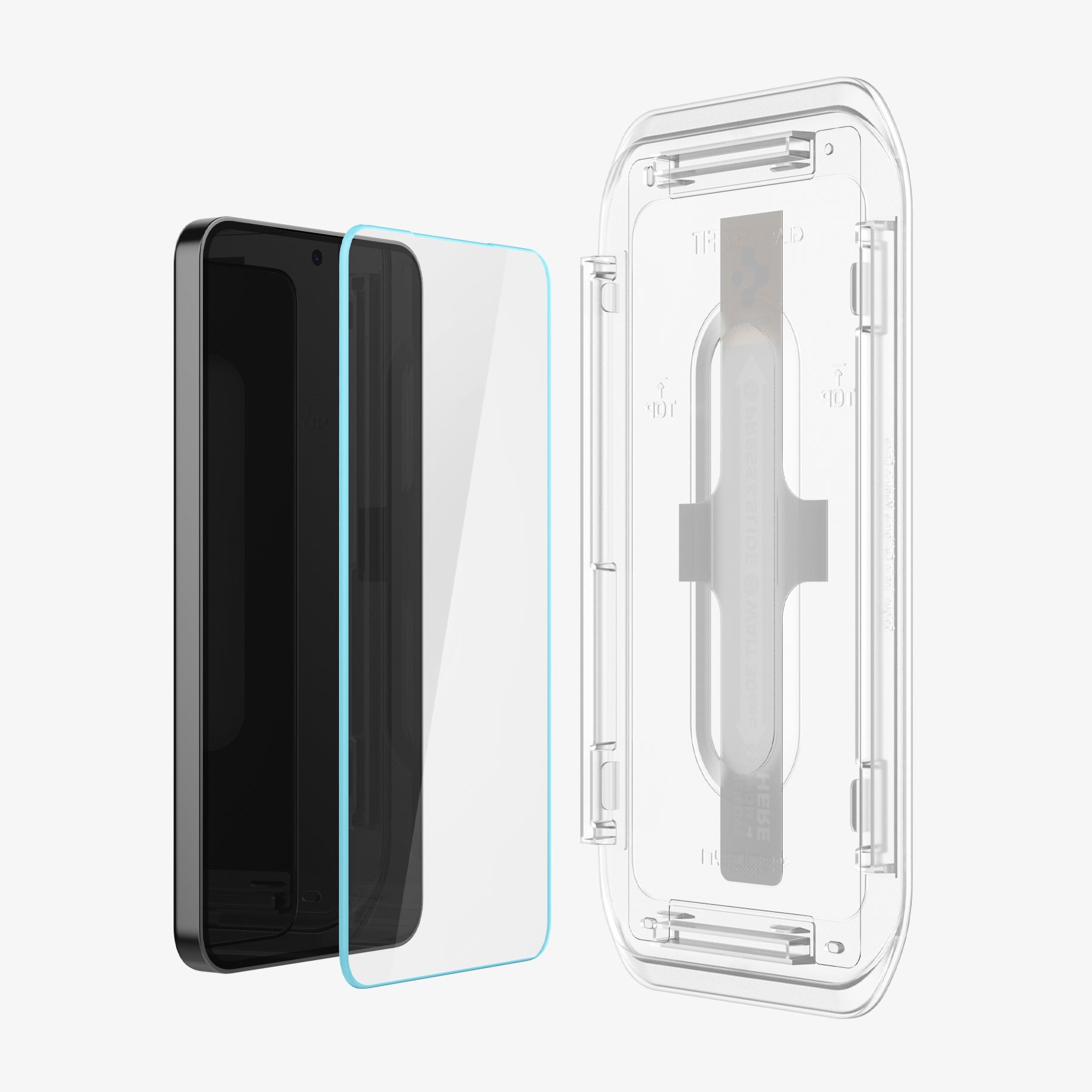 AGL07438 - Galaxy S24 GLAS.tR EZ Fit in Transparency showing the alignment tray facing the screen glass protector paralleled with the device