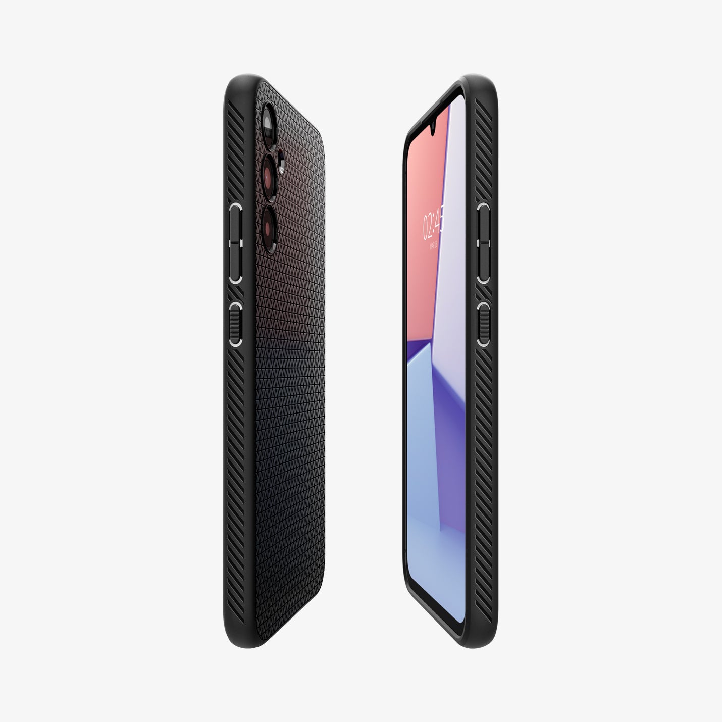 ACS05905 - Galaxy A34 5G Case Liquid Air in Matte Black showing the partial sides and partial front and back of both devices aligned with each other