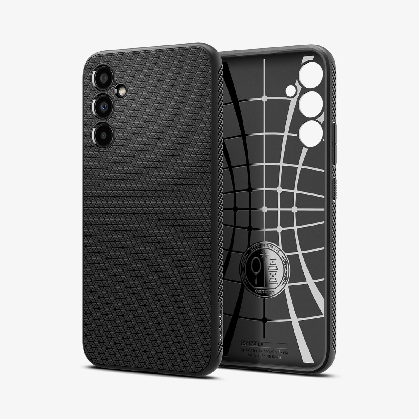 ACS05905 - Galaxy A34 5G Case Liquid Air in Matte Black showing the back next to it is an inner case with spider web pattern showing front