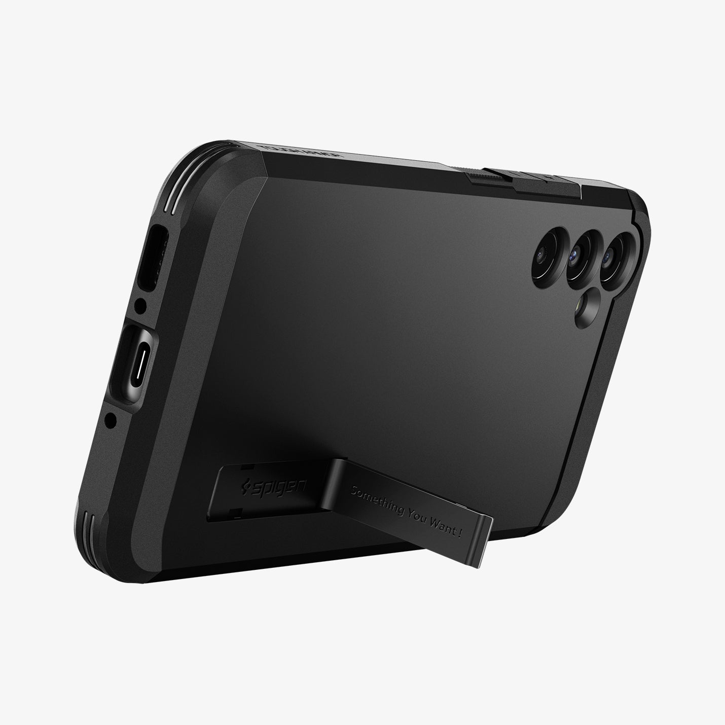 ACS05882 - Galaxy A34 5G Case Tough Armor in Black showing the back, partial bottom with a built-in kickstand propped up