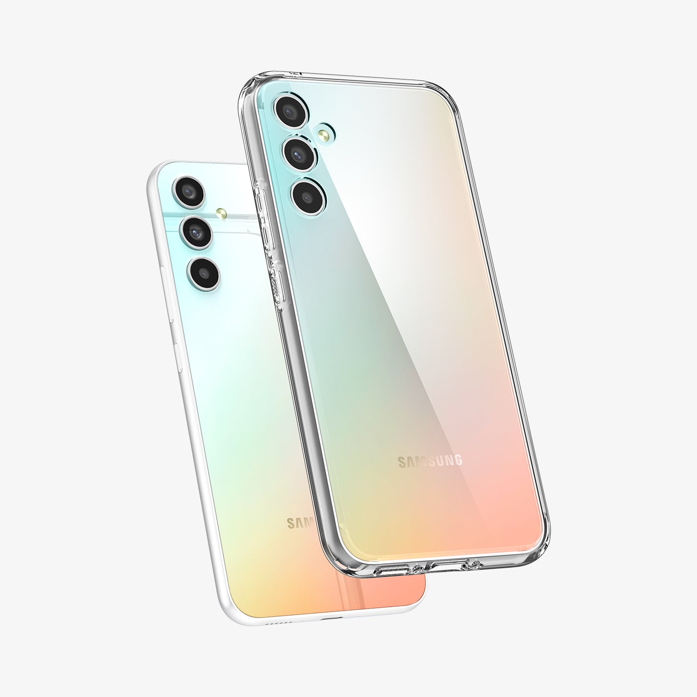 ACS05904 - Galaxy A34 5G Case Ultra Hybrid in Crystal Clear showing the back, partial side and bottom hovering in front of a device showing partial back, side and bottom