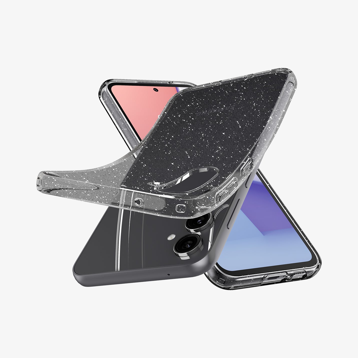 ACS06370 - Galaxy S23 FE Case Liquid Crystal Glitter in crystal quartz showing the back, front and sides with case bending away from the device