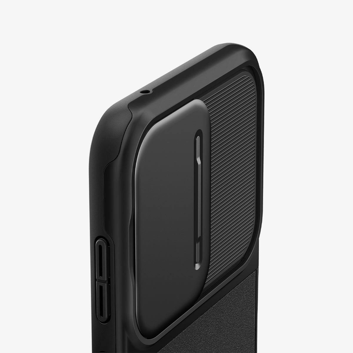 ACS06380 - Galaxy S23 FE Case Optik Armor in black showing the back and side zoomed in on camera lens cover