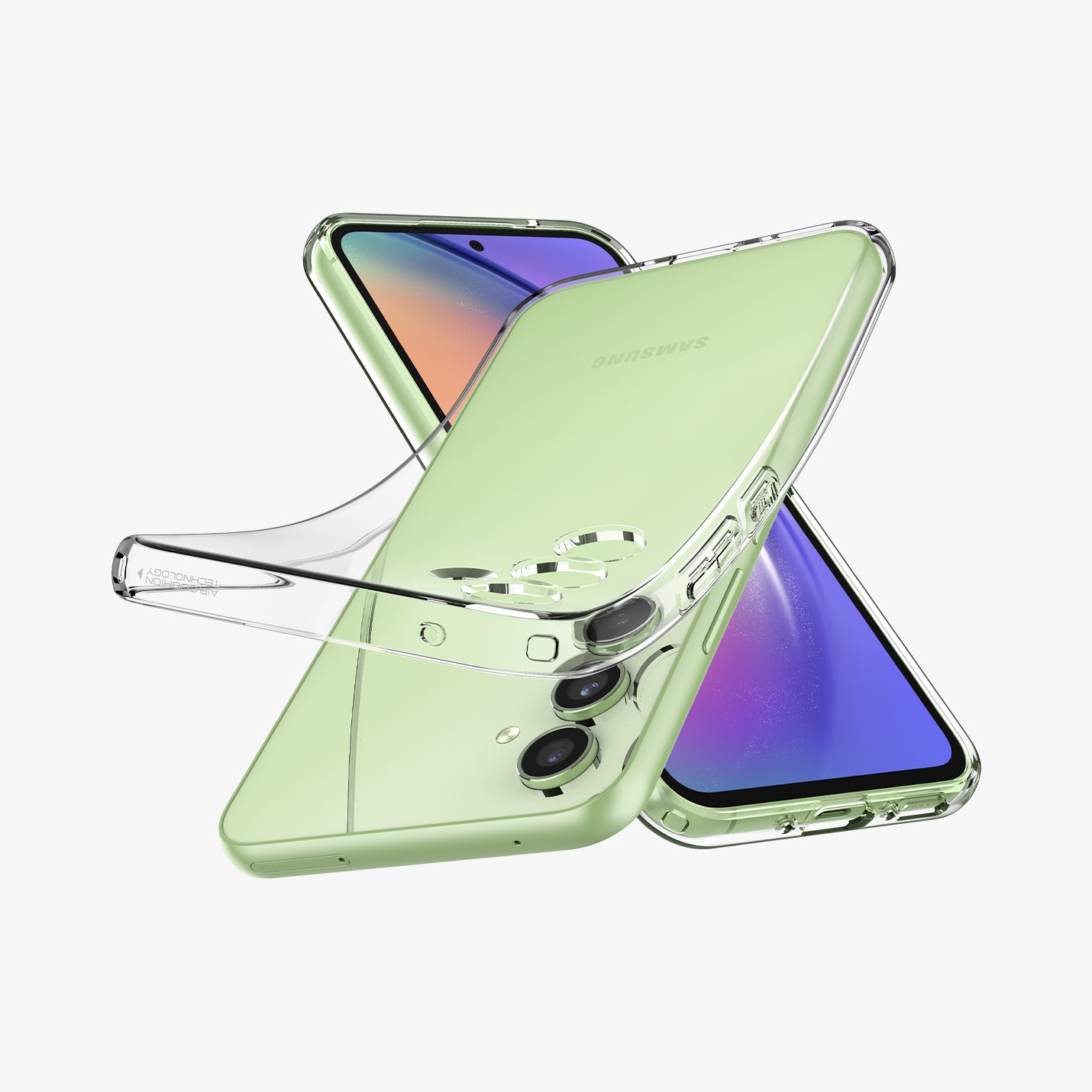 ACS05889 - Galaxy A54 5G Case Liquid Crystal in Crystal Clear showing the back of clear case partially peeled from a device, behind it, is another device facing front