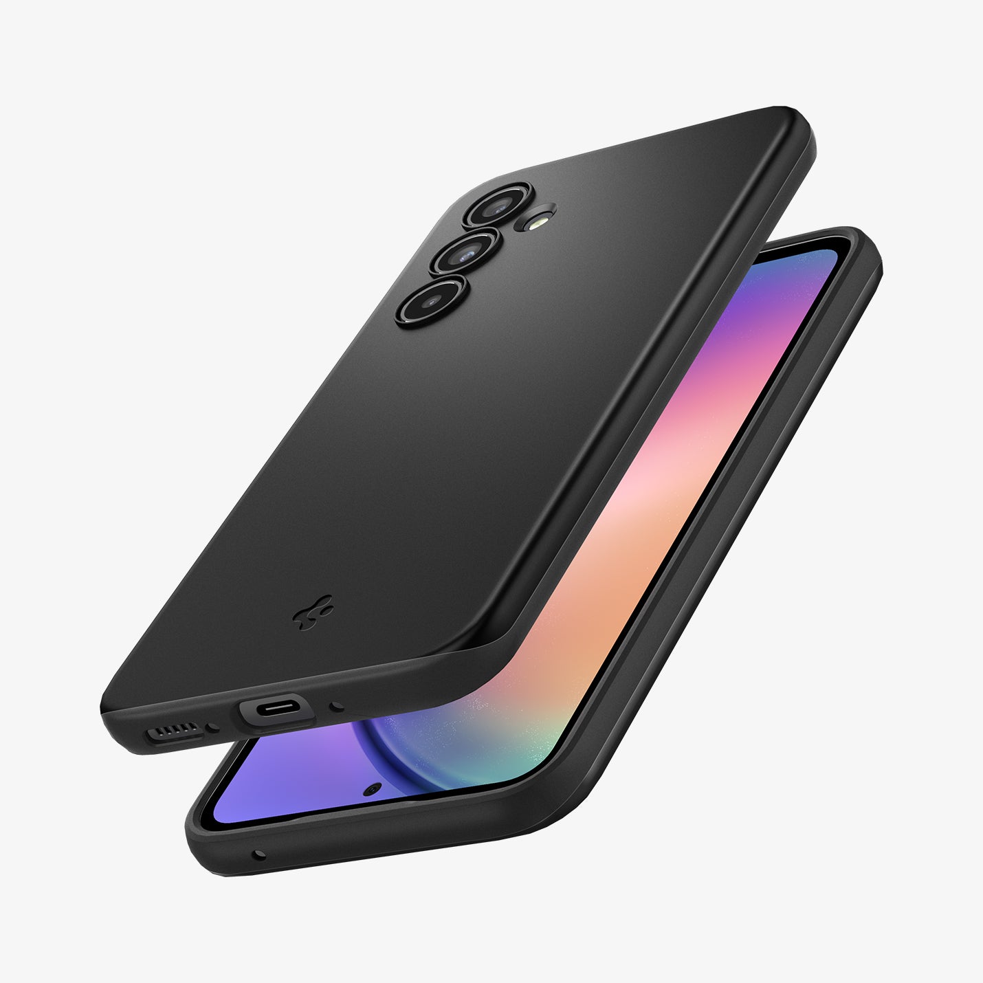 ACS05883 - Galaxy A54 5G Case Thin Fit in Black showing the back, partial side and top hovering in front of a device showing partial front, side and bottom