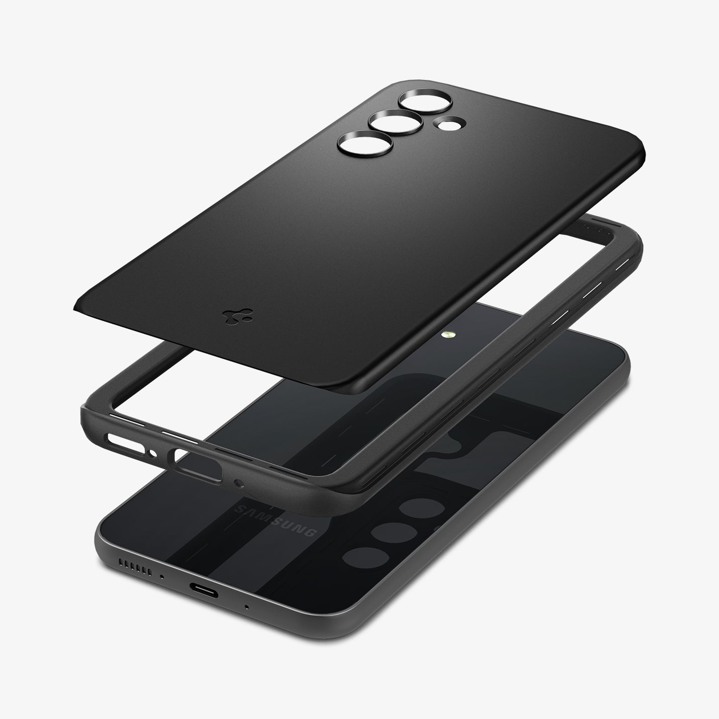 ACS05883 - Galaxy A54 5G Case Thin Fit in Black showing the back hard tpu layer hovering above the detached tpu frame and device