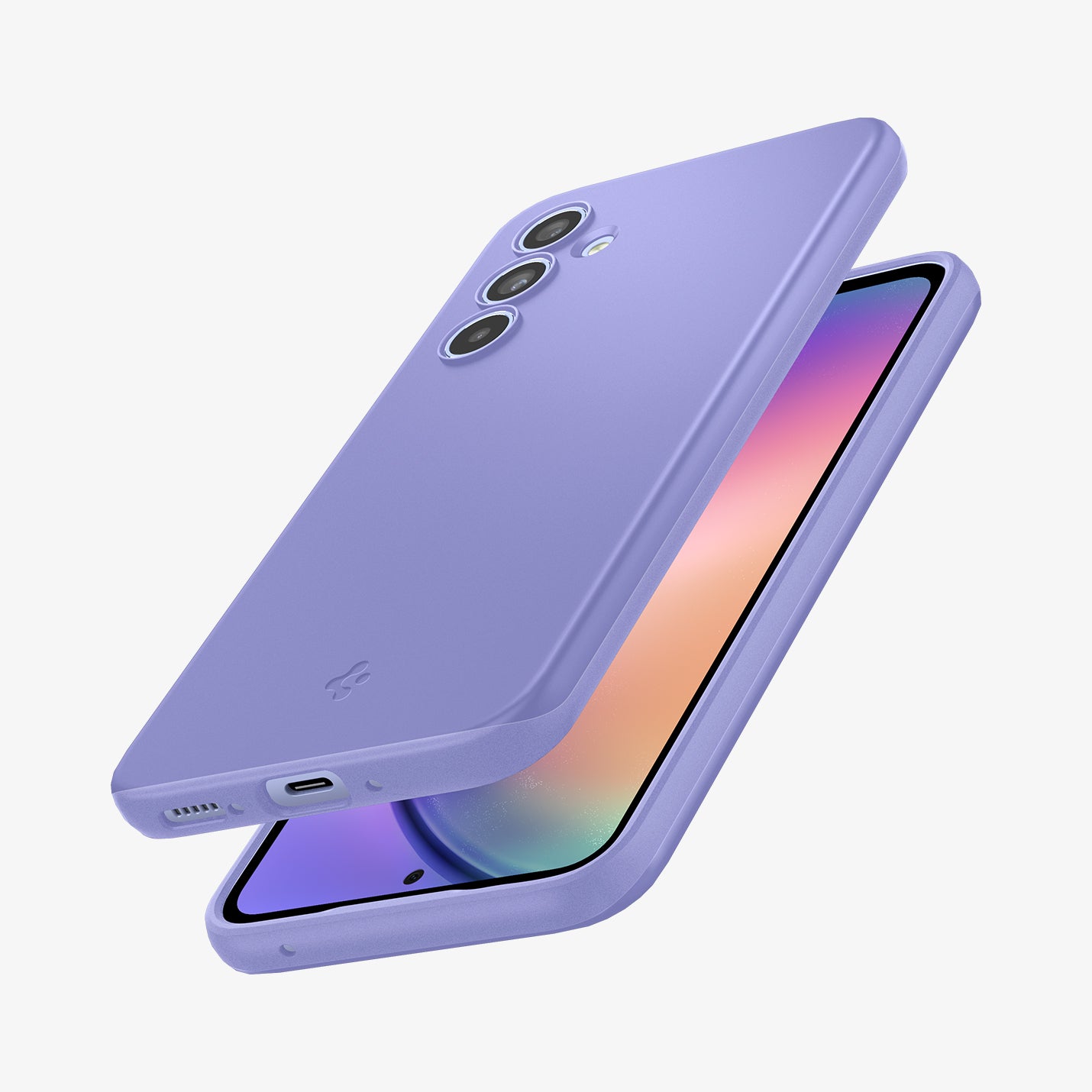 ACS06097 - Galaxy A54 5G Case Thin Fit in Awesome Violet showing the back, partial side and top hovering in front of a device showing partial front, side and bottom