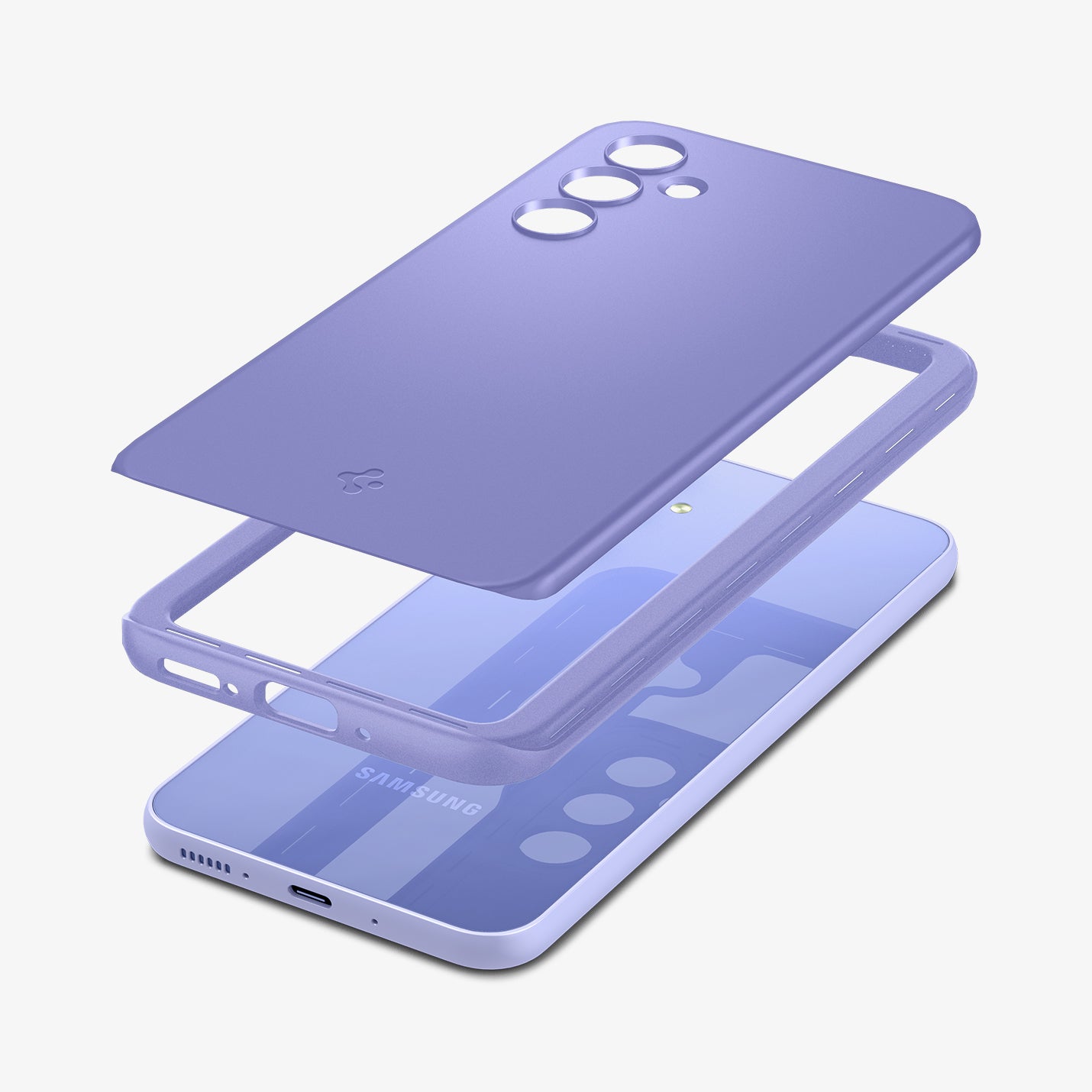 ACS06097 - Galaxy A54 5G Case Thin Fit in Awesome Violet showing the back hard tpu layer hovering above the detached tpu frame and device