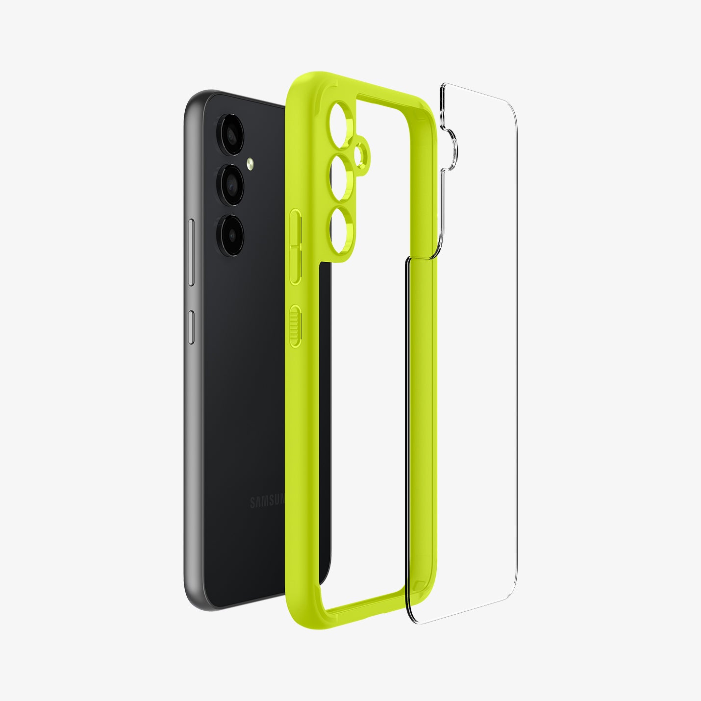 ACS06099 - Galaxy A54 5G Case Ultra Hybrid in Lime showing the back clear hard layer hovering in front of a light colored tpu frame and a device