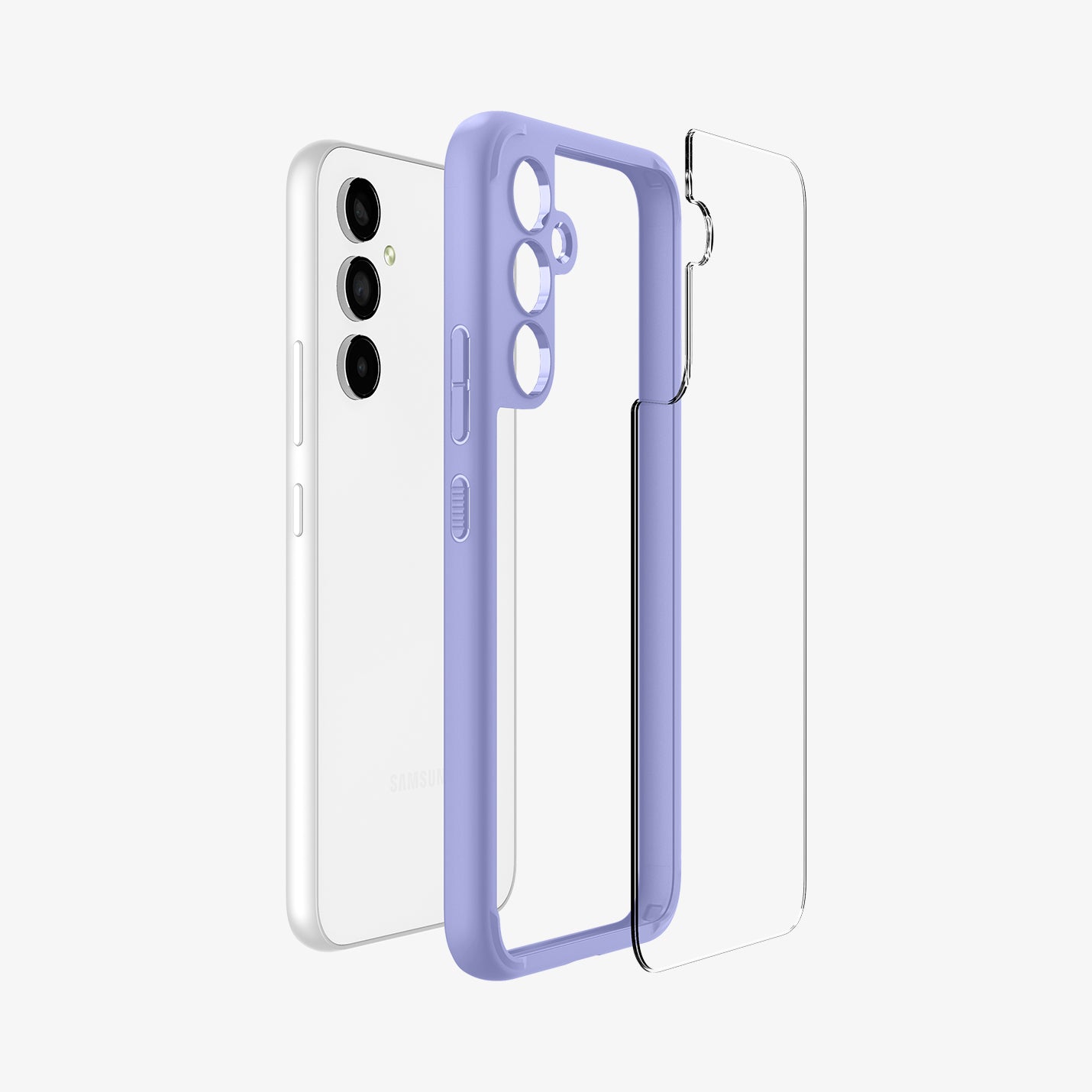 ACS06098 - Galaxy A54 5G Case Ultra Hybrid in Awesome Violet showing the back clear hard layer hovering in front of a light colored tpu frame and a device