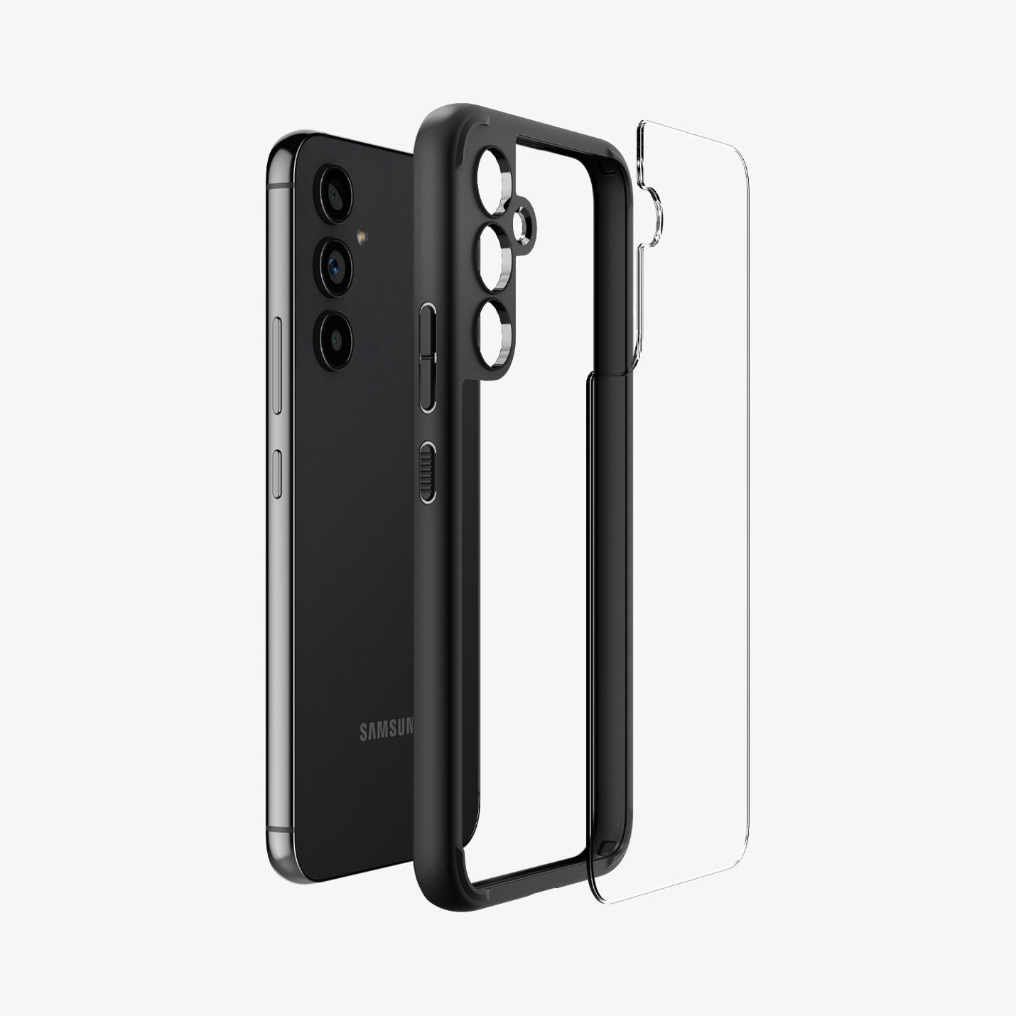 ACS05887 - Galaxy A54 5G Case Ultra Hybrid in Matte Black showing the back clear hard layer hovering in front of a dark colored tpu frame and a device