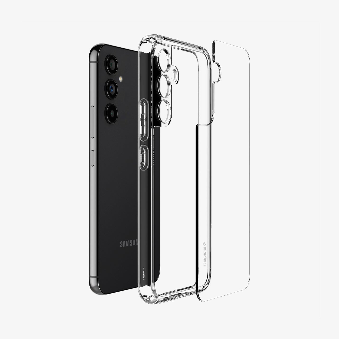 ACS05886 - Galaxy A54 5G Case Ultra Hybrid in Crystal Clear showing the back clear hard layer hovering in front of a clear tpu frame and a device