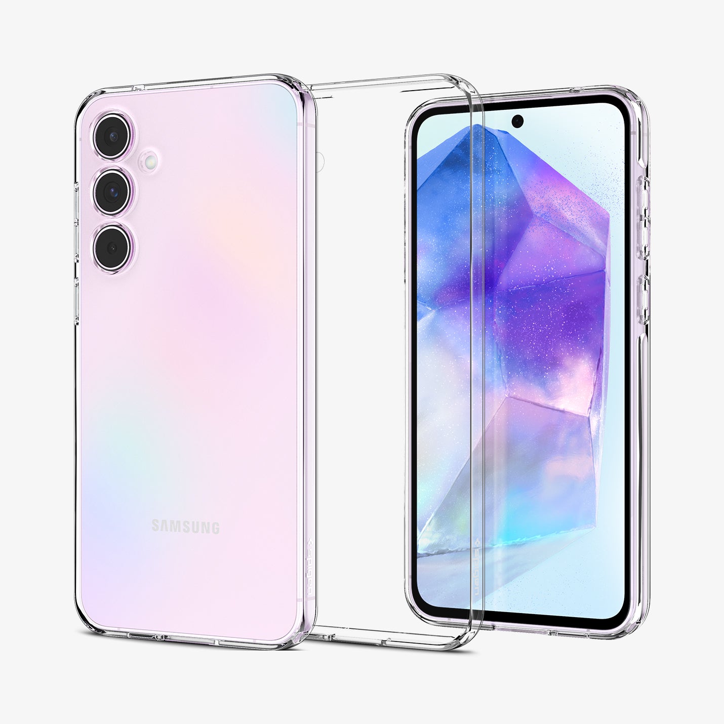 ACS07537 - Galaxy A55 5G Case Liquid Crystal in Crystal Clear showing the back, in the middle a clear tpu case  and next to it, is a device showing front with partial sides