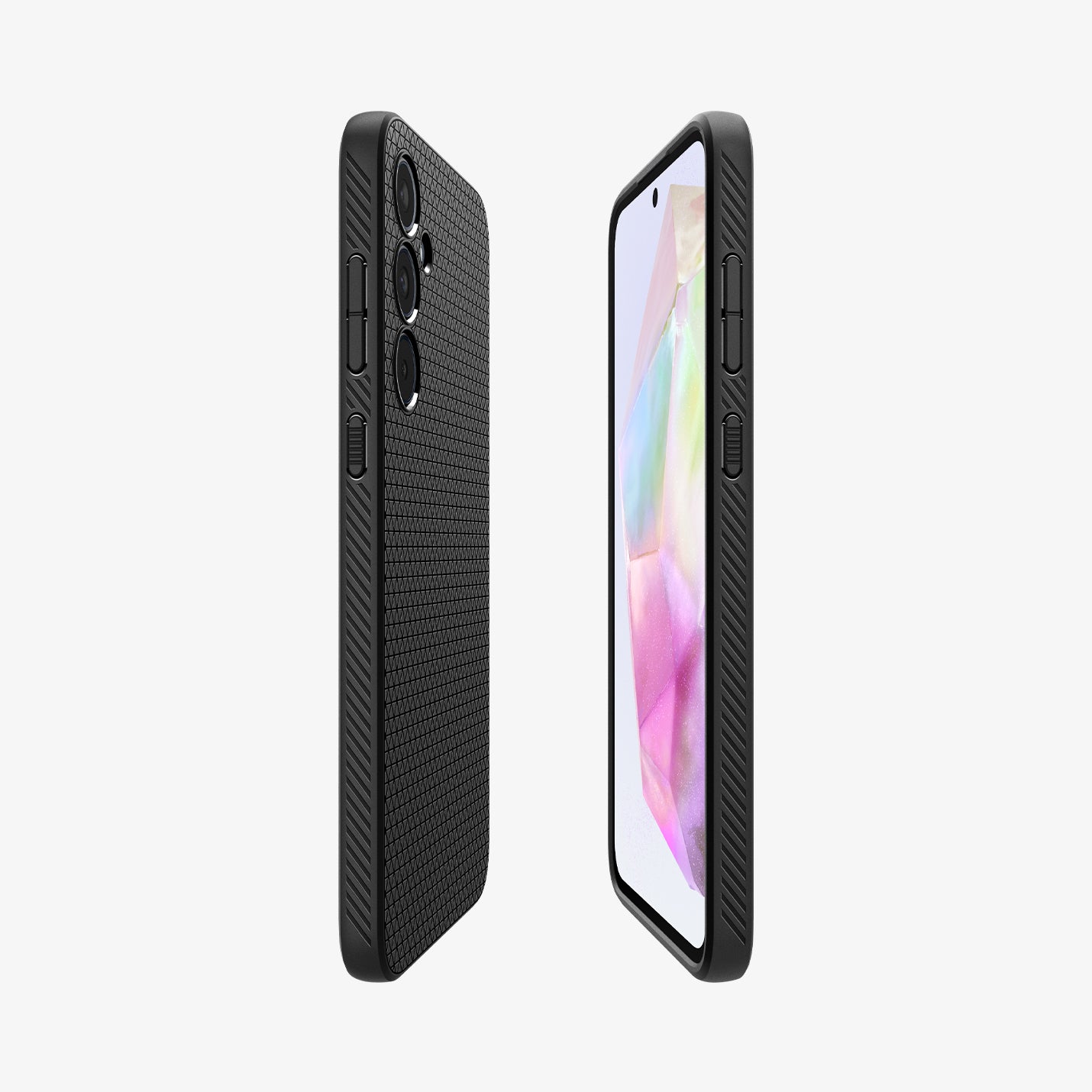 ACS07519 - Galaxy A35 5G Case Liquid Air in Matte Black showing the partial back and front and sides of both devices facing each other