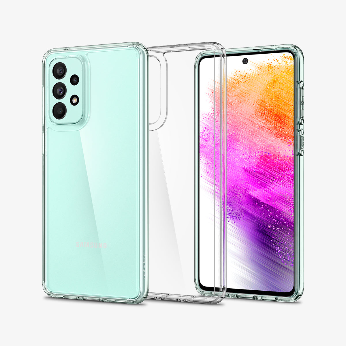 ACS04254 - Galaxy A73 5G Case Ultra Hybrid in Crystal Clear showing the back, in the middle a clear tpu case next to it is a device facing front