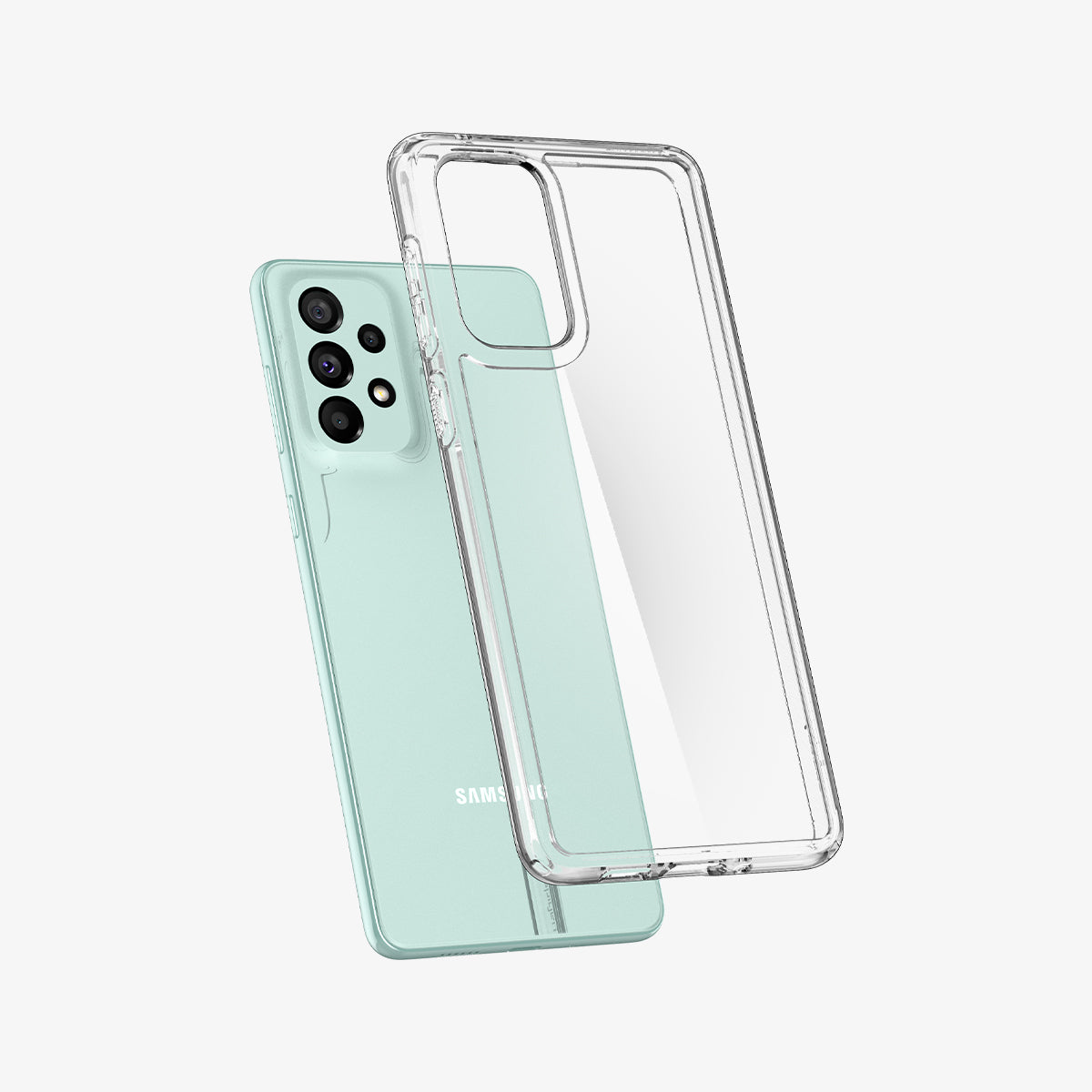 ACS04254 - Galaxy A73 5G Case Ultra Hybrid in Crystal Clear showing the clear tpu back case hovering in front of a device