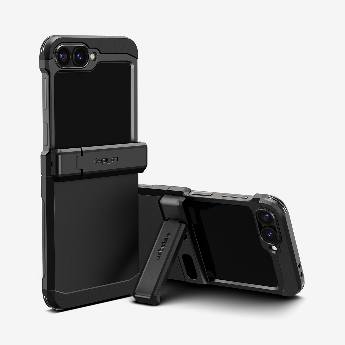 ACS07849 - Galaxy Z Flip 6 Case Tough Armor Pro in Black showing the back of two devices, propped up with a built-in kickstand