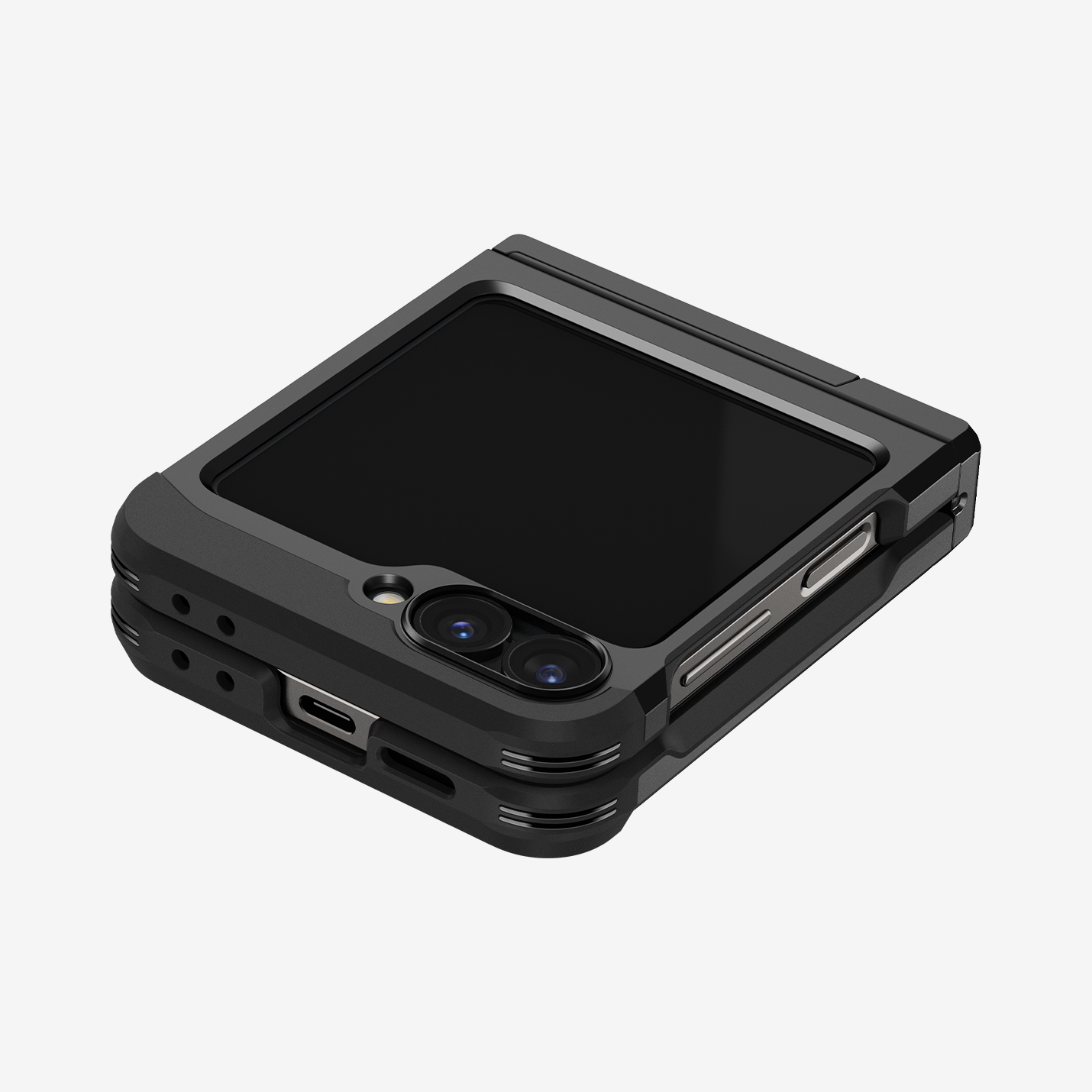 ACS07849 - Galaxy Z Flip 6 Case Tough Armor Pro in Black showing the back folded, hinge and sides