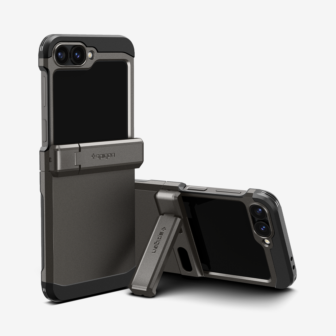 ACS08360 - Galaxy Z Flip 6 Case Tough Armor Pro in Gunmetal showing the back of two devices, propped up with a built-in kickstand